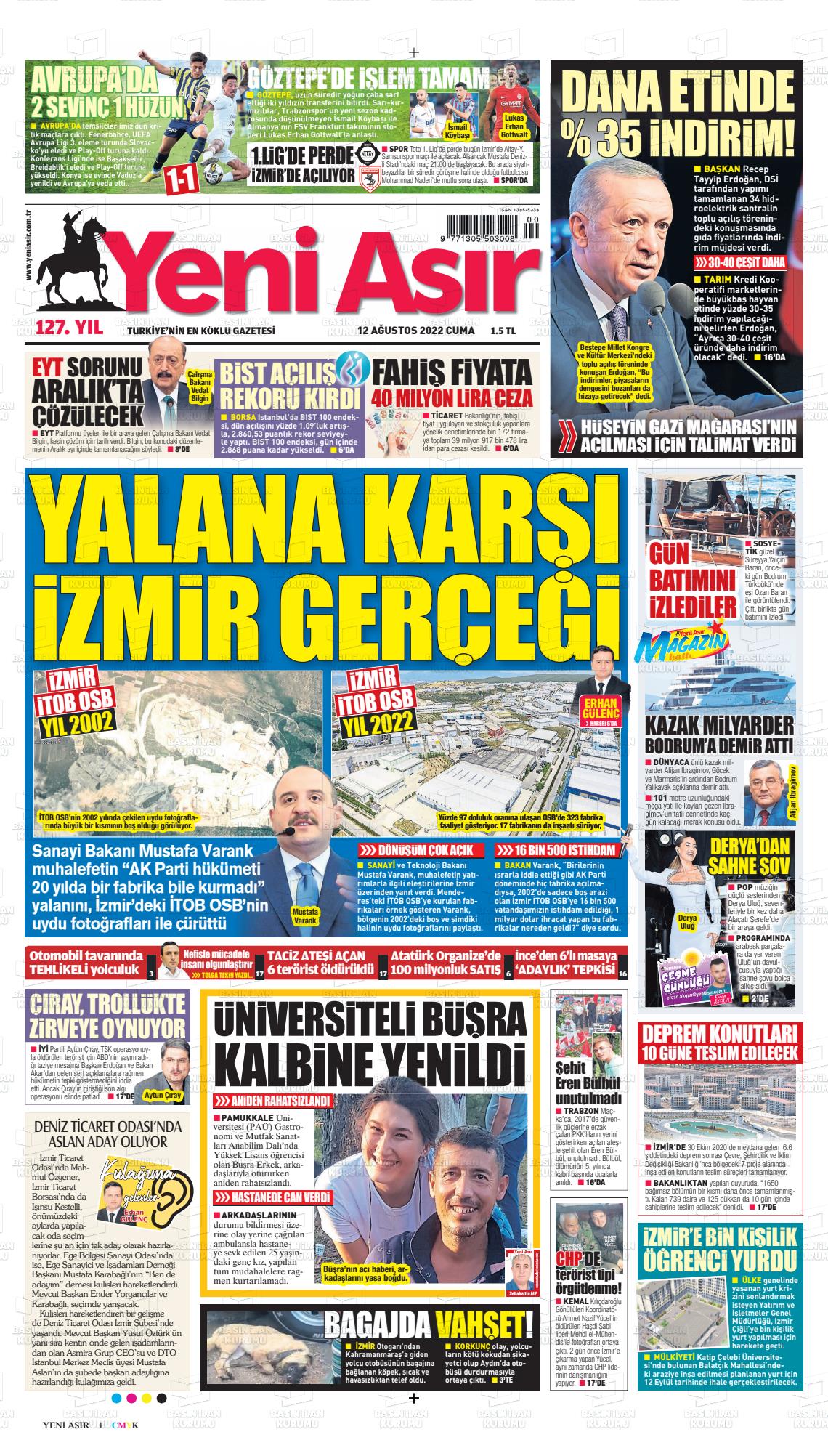 12 Ağustos 2022 Yeni Asır Gazete Manşeti