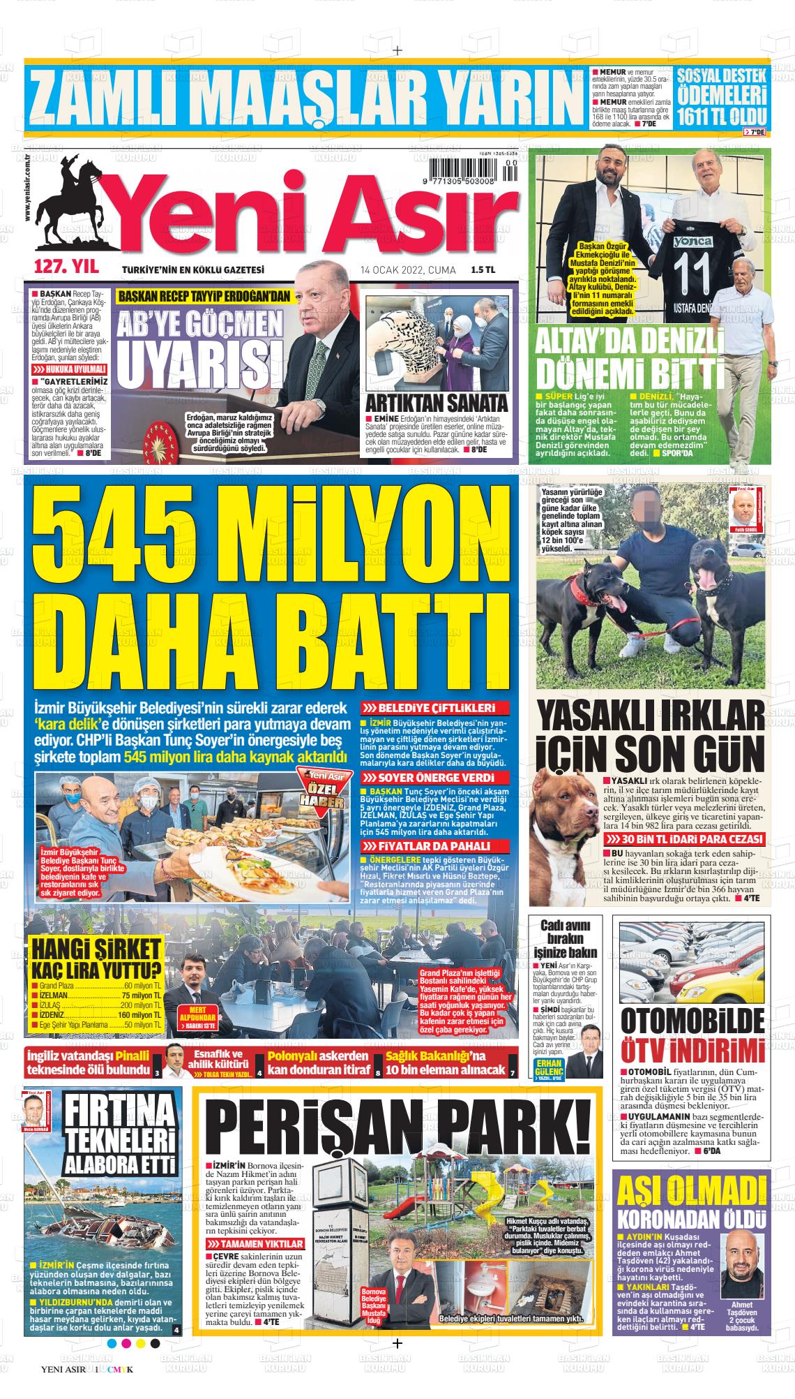 14 Ocak 2022 Yeni Asır Gazete Manşeti