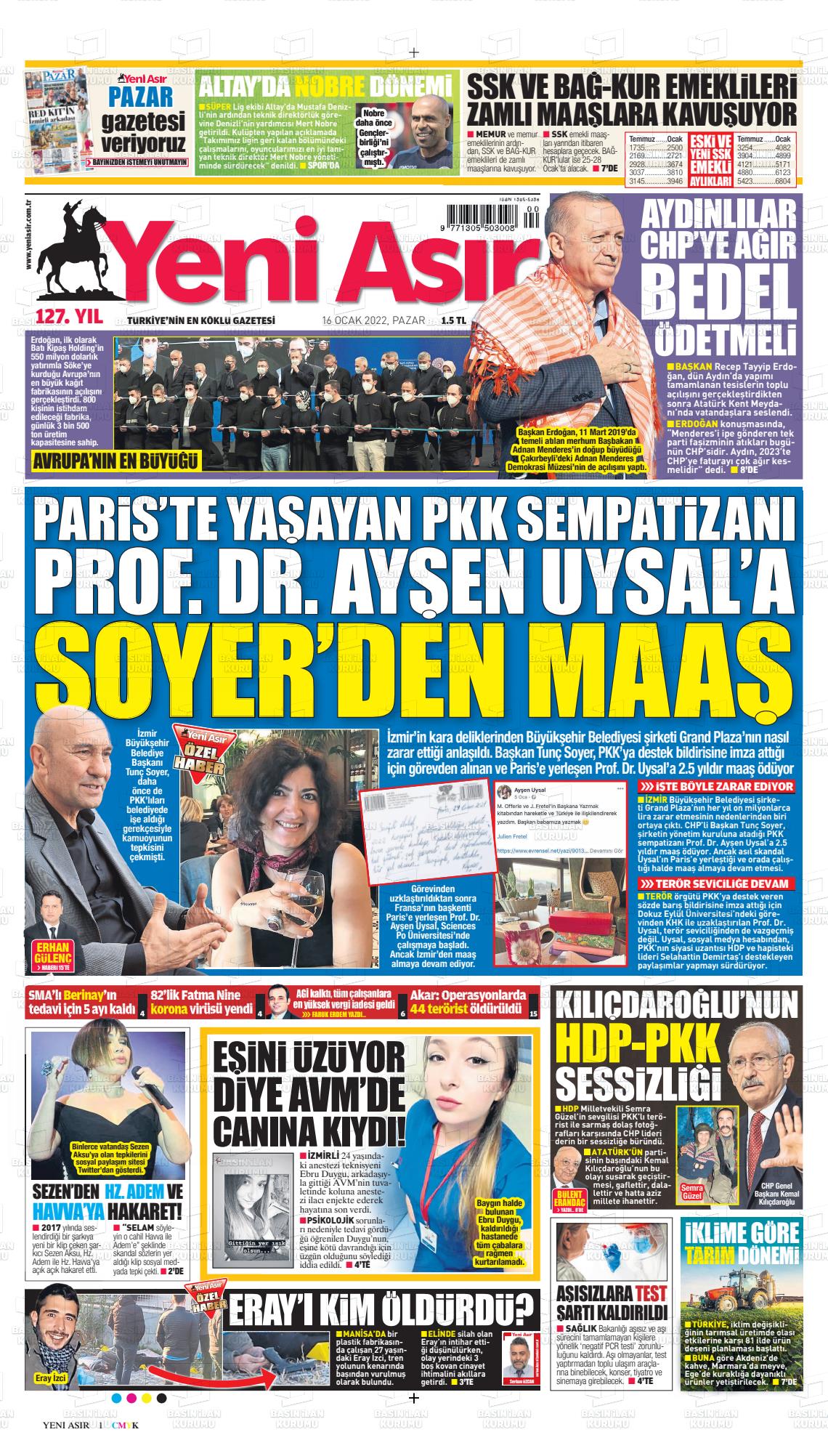 16 Ocak 2022 Yeni Asır Gazete Manşeti