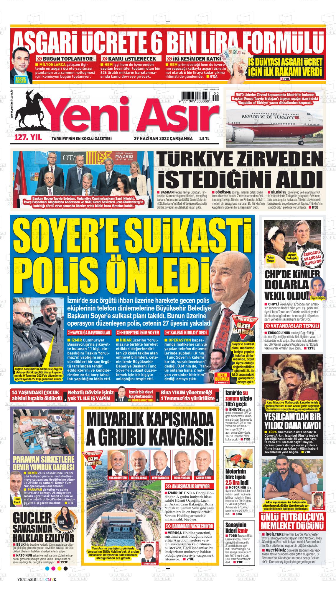 29 Haziran 2022 Yeni Asır Gazete Manşeti