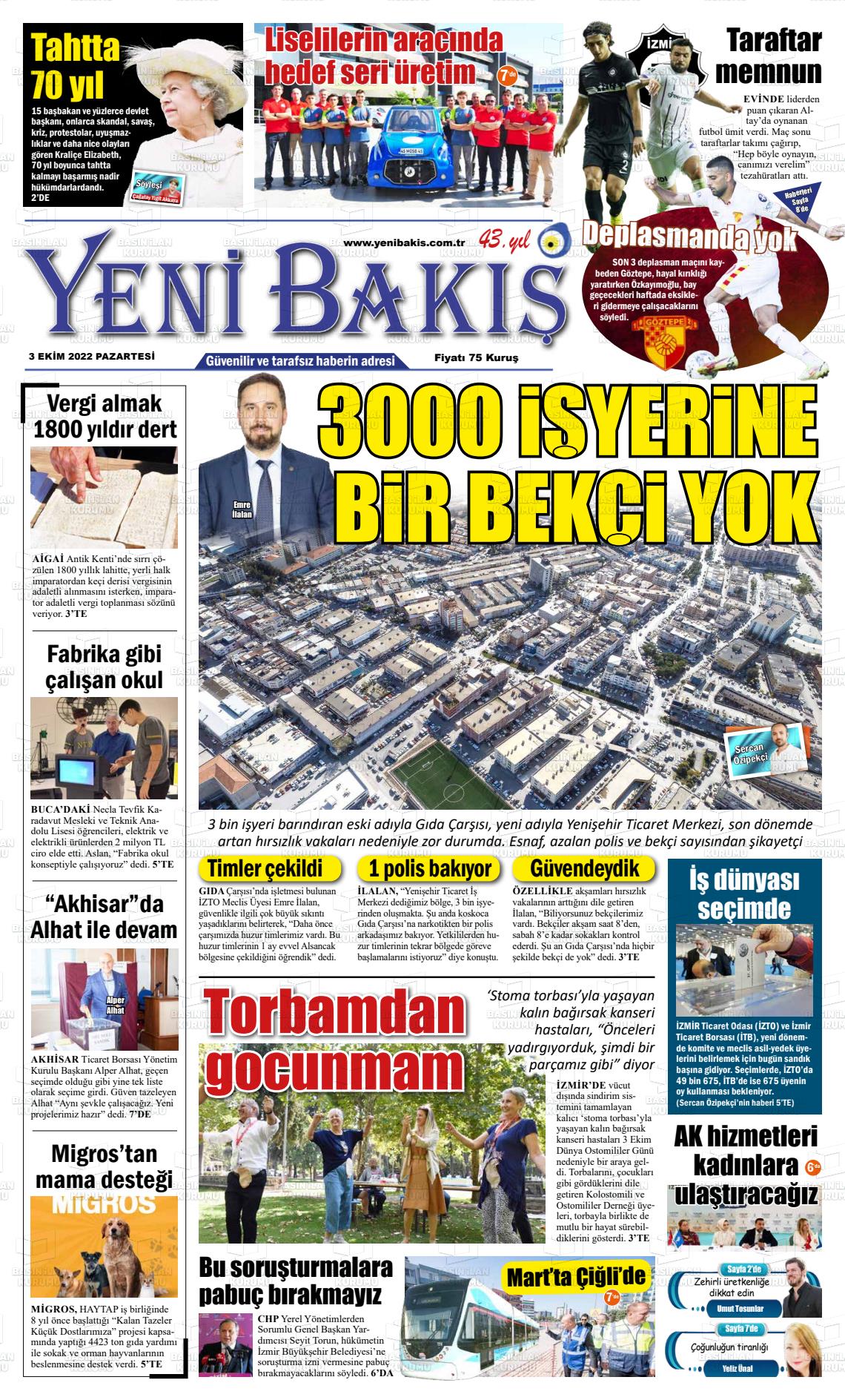 03 Ekim 2022 Yeni Bakış Gazete Manşeti