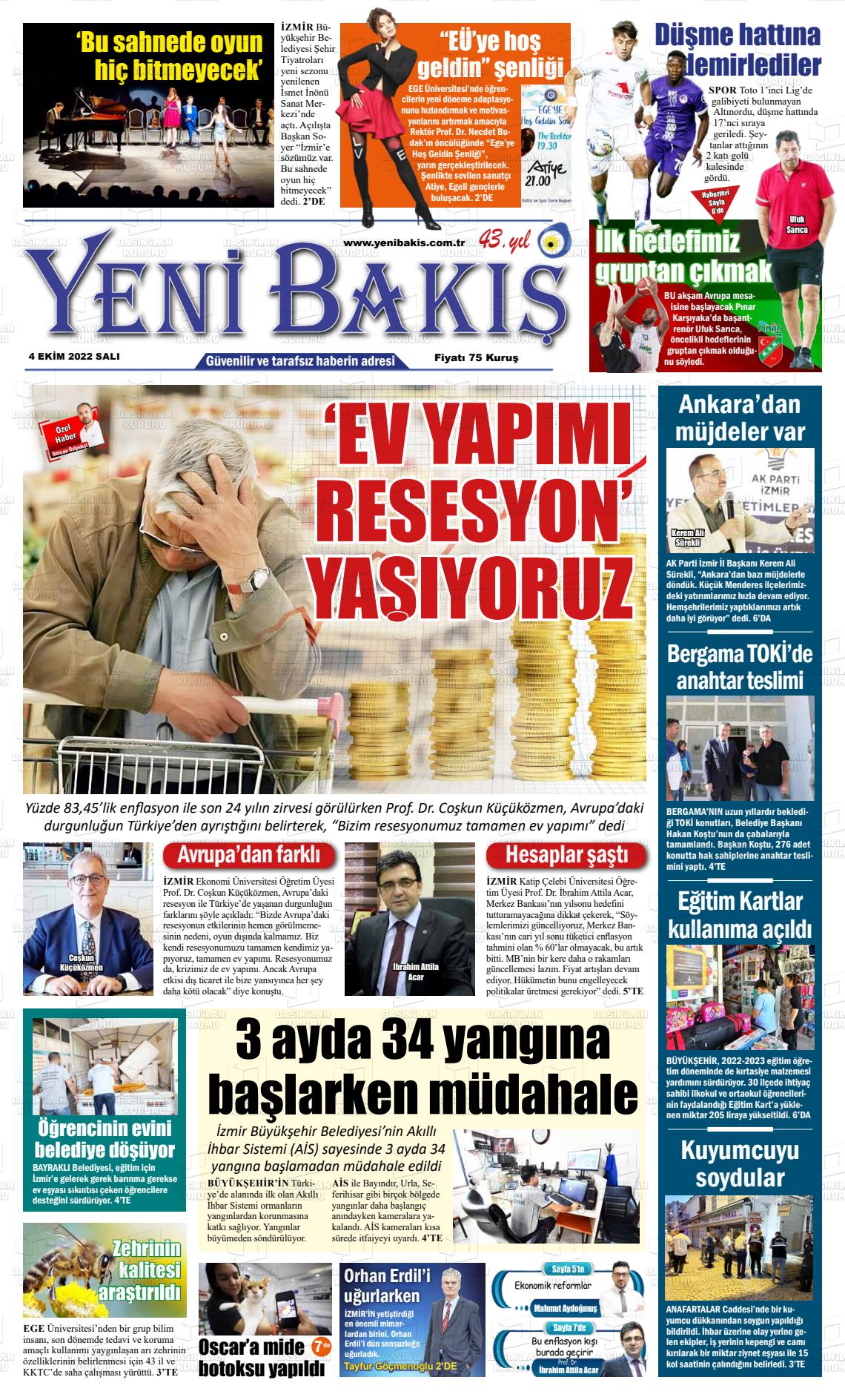 04 Ekim 2022 Yeni Bakış Gazete Manşeti