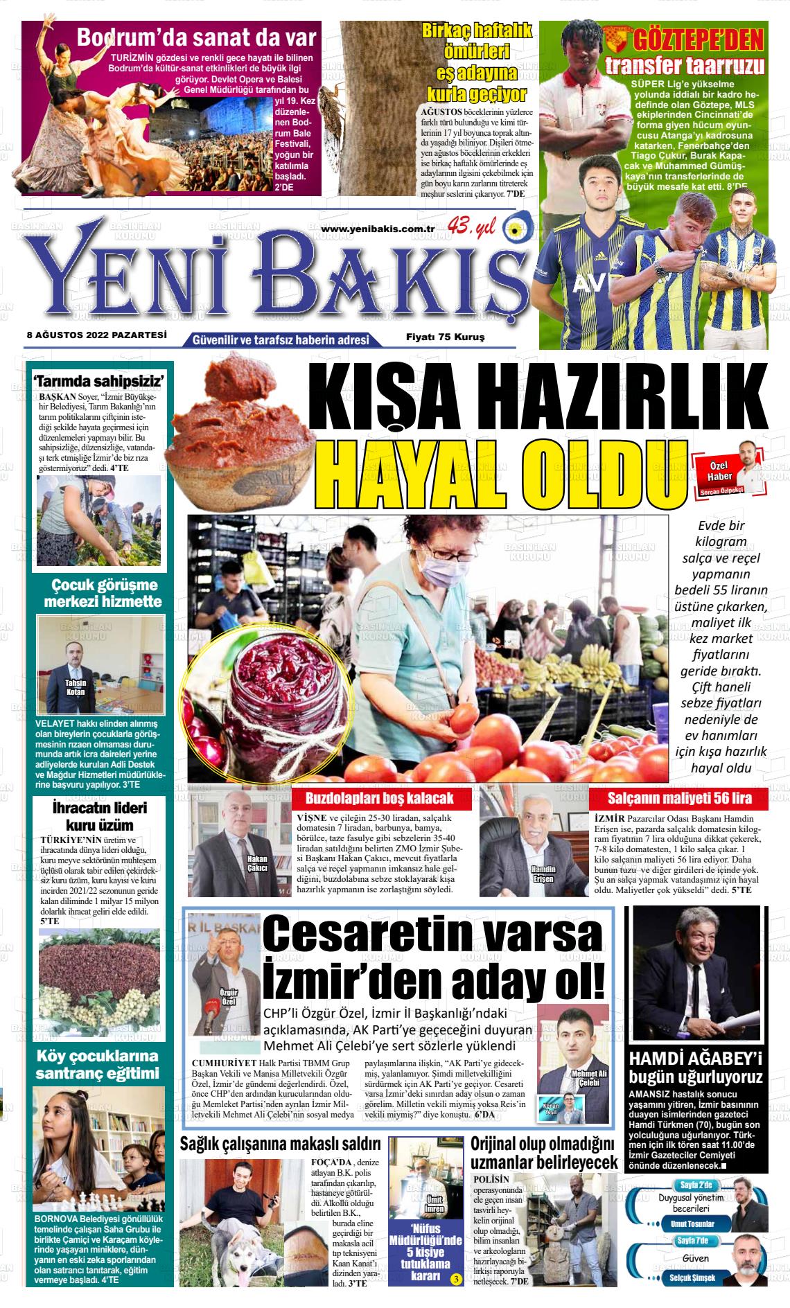 08 Ağustos 2022 Yeni Bakış Gazete Manşeti