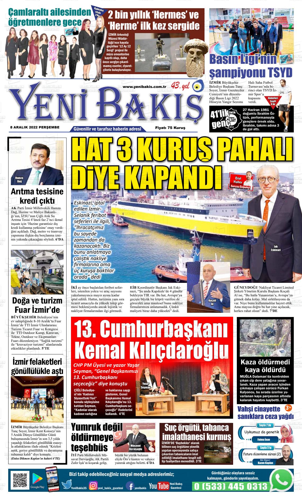 08 Aralık 2022 Yeni Bakış Gazete Manşeti