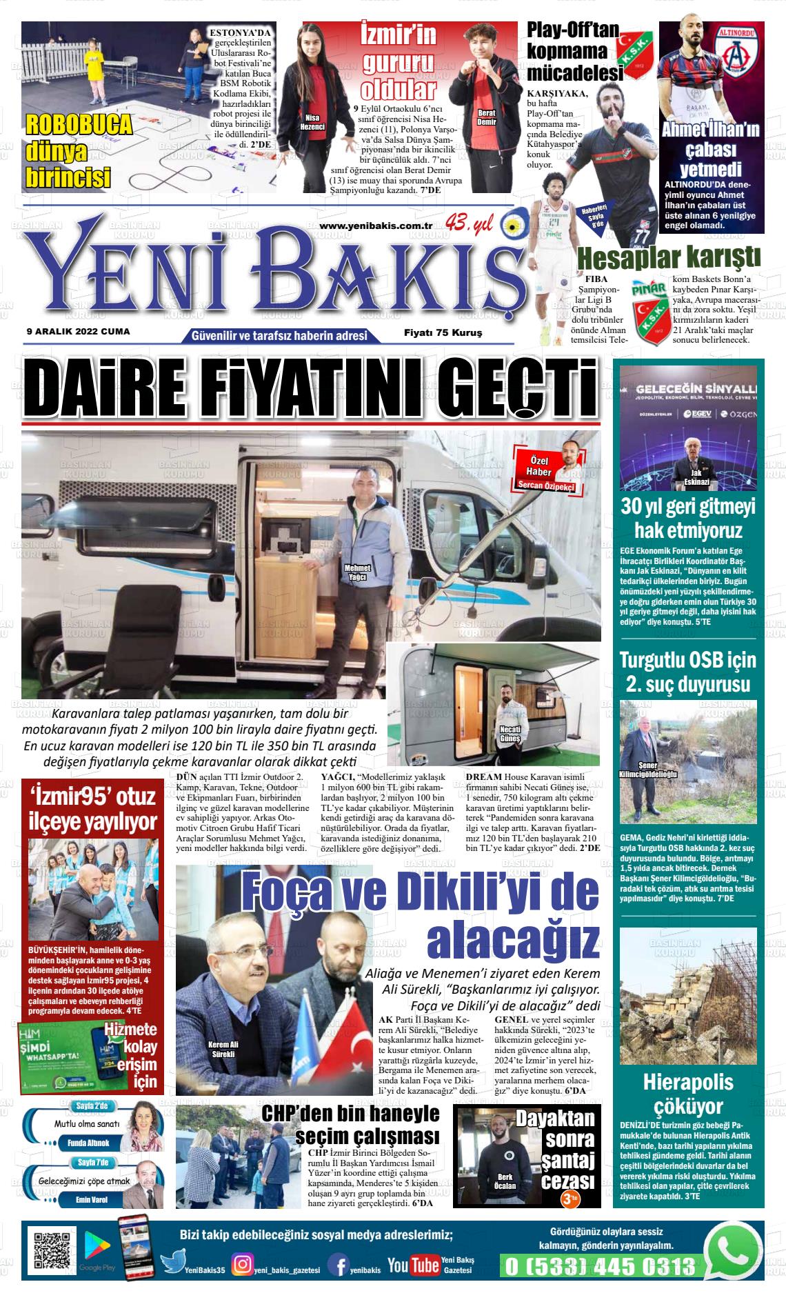 09 Aralık 2022 Yeni Bakış Gazete Manşeti