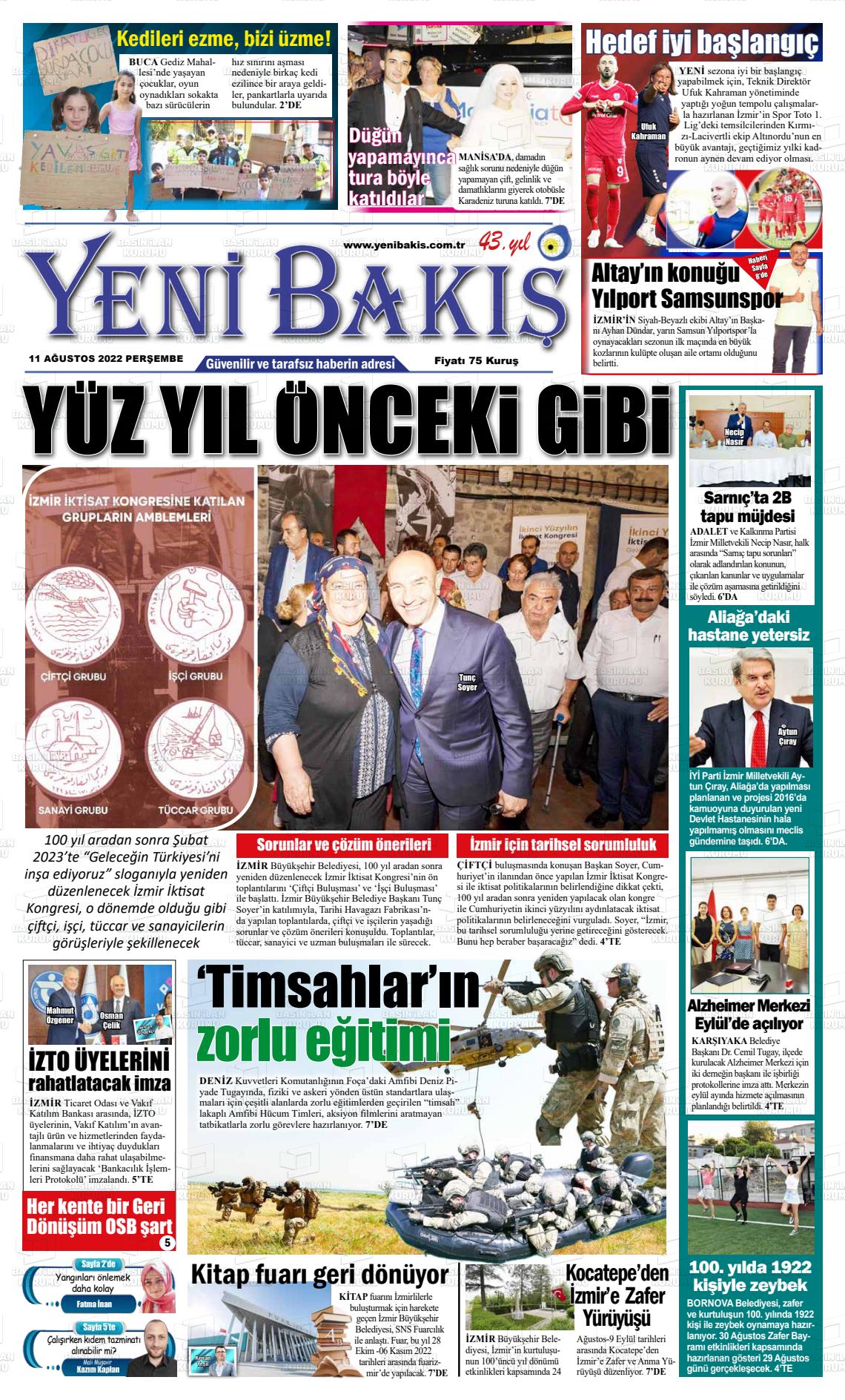 11 Ağustos 2022 Yeni Bakış Gazete Manşeti