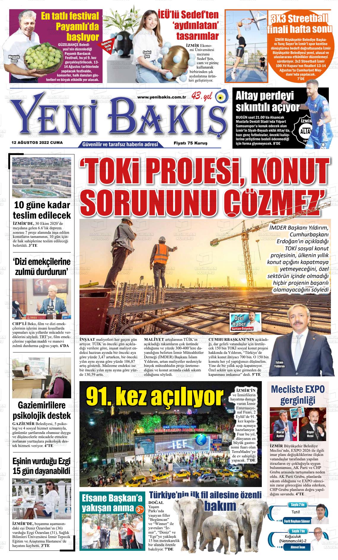 12 Ağustos 2022 Yeni Bakış Gazete Manşeti