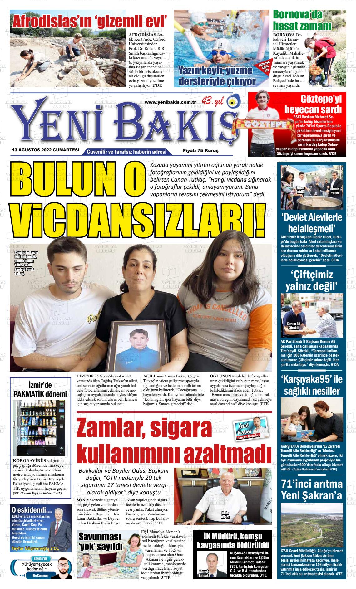 13 Ağustos 2022 Yeni Bakış Gazete Manşeti