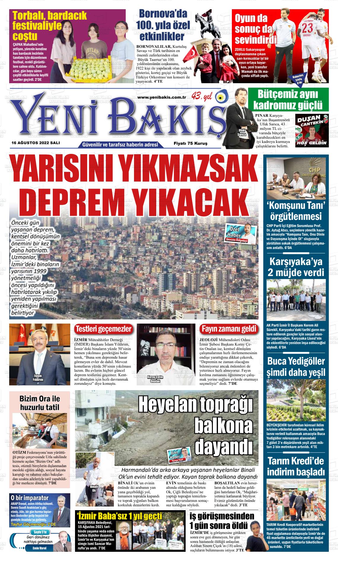 16 Ağustos 2022 Yeni Bakış Gazete Manşeti