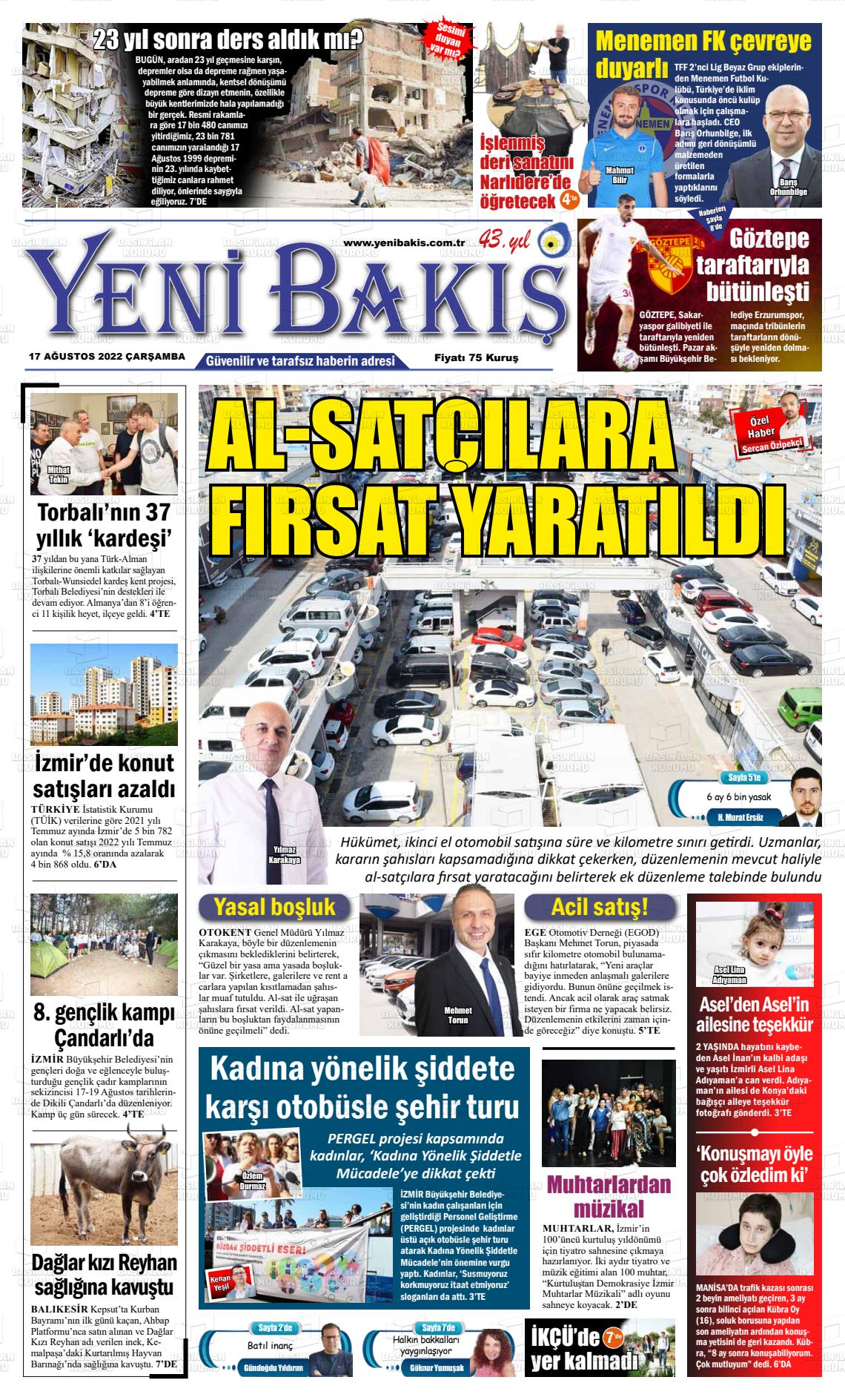 17 Ağustos 2022 Yeni Bakış Gazete Manşeti