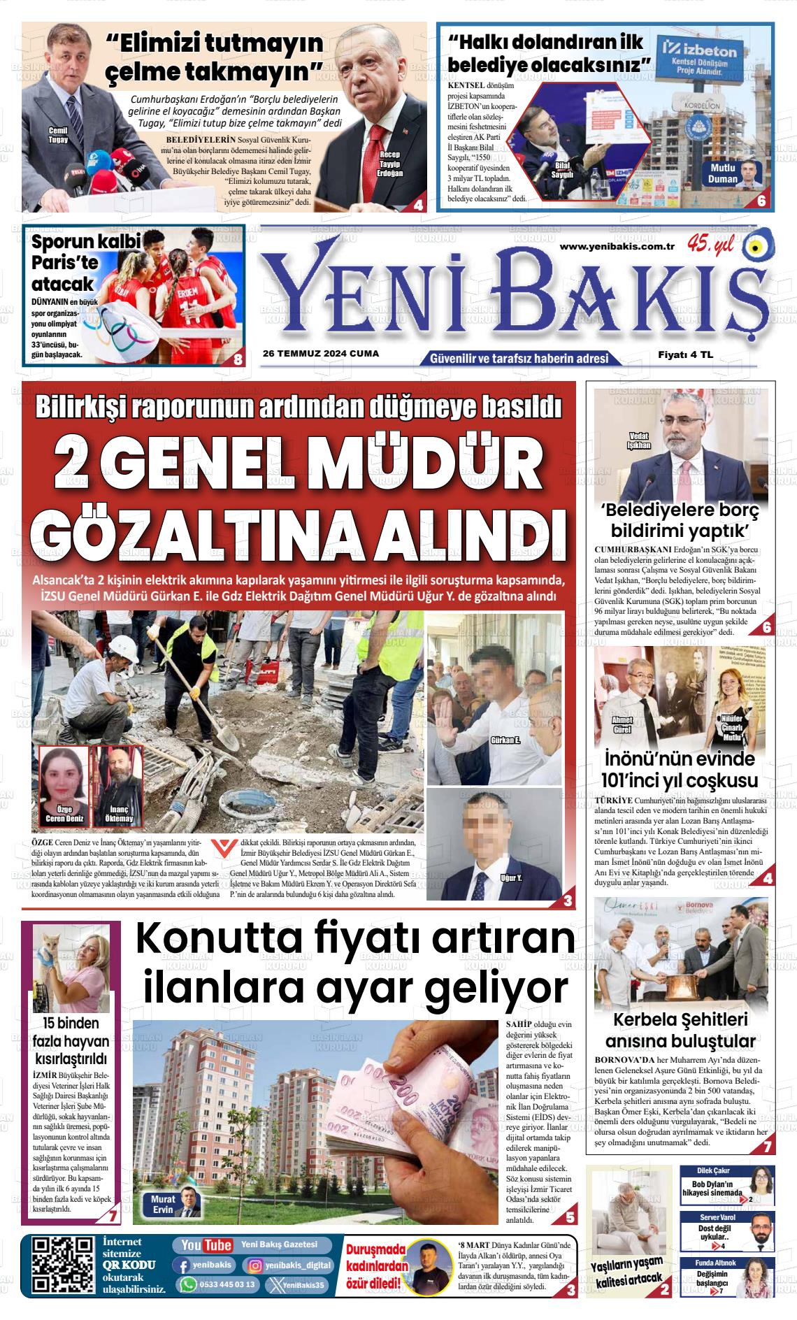 26 Temmuz 2024 Yeni Bakış Gazete Manşeti