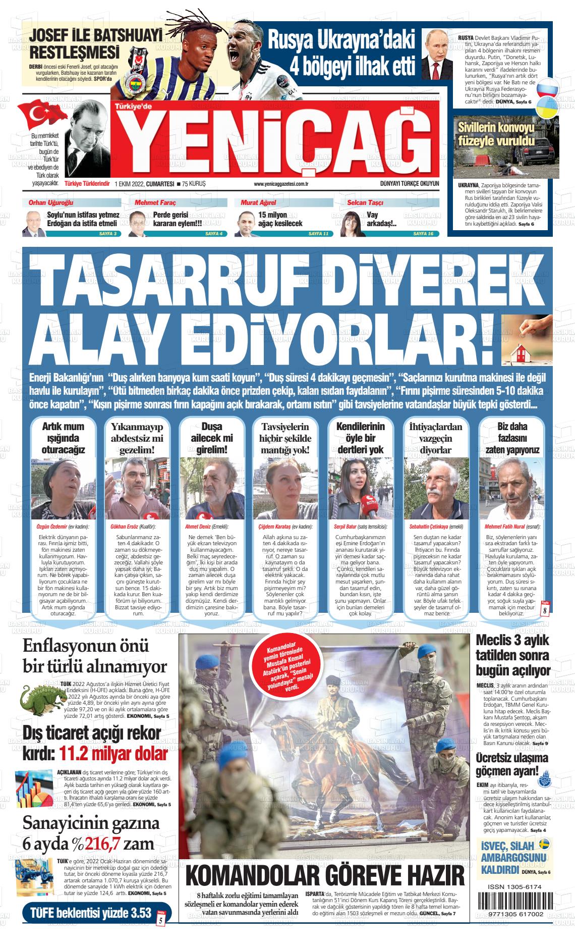 01 Ekim 2022 Yeniçağ Gazete Manşeti