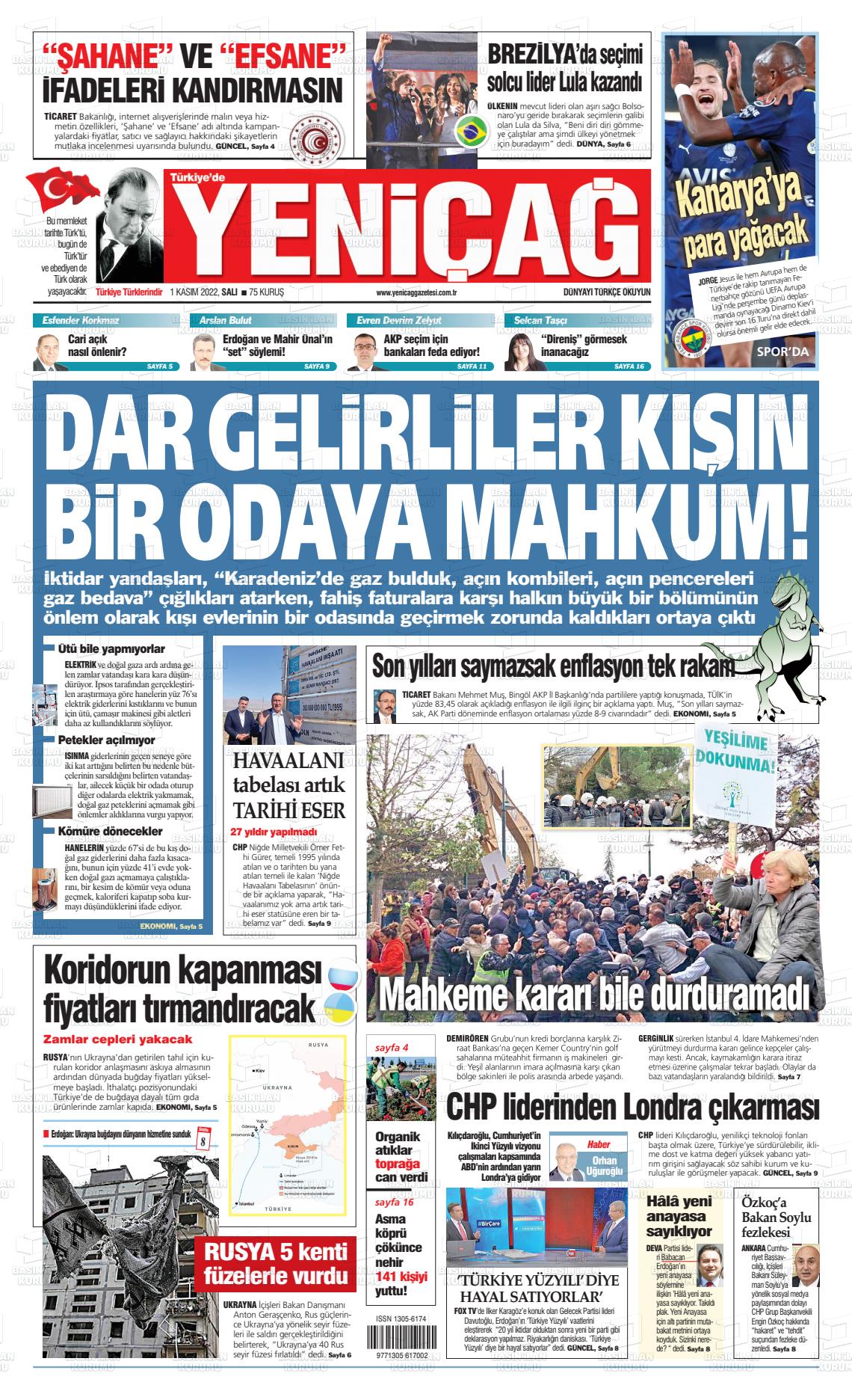 01 Kasım 2022 Yeniçağ Gazete Manşeti