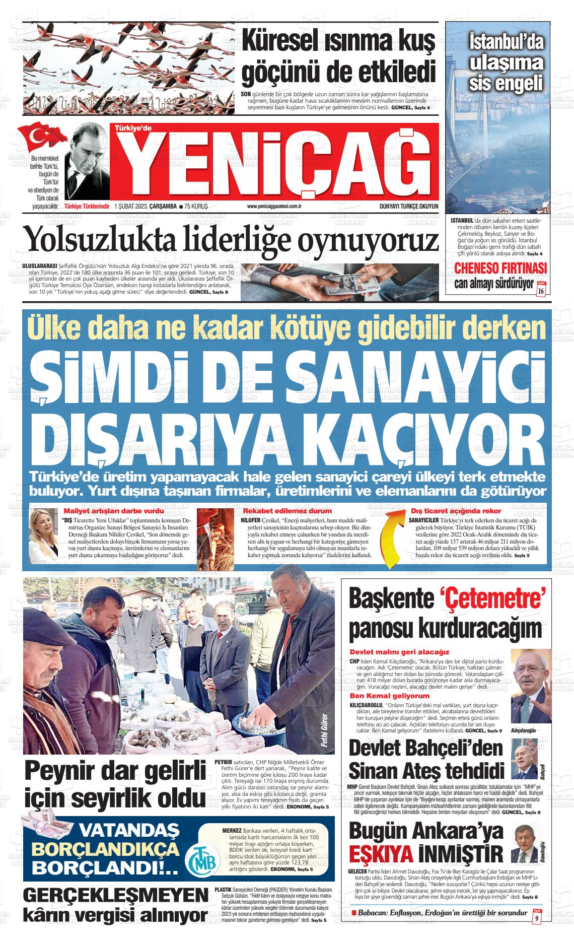01 Şubat 2023 Yeniçağ Gazete Manşeti