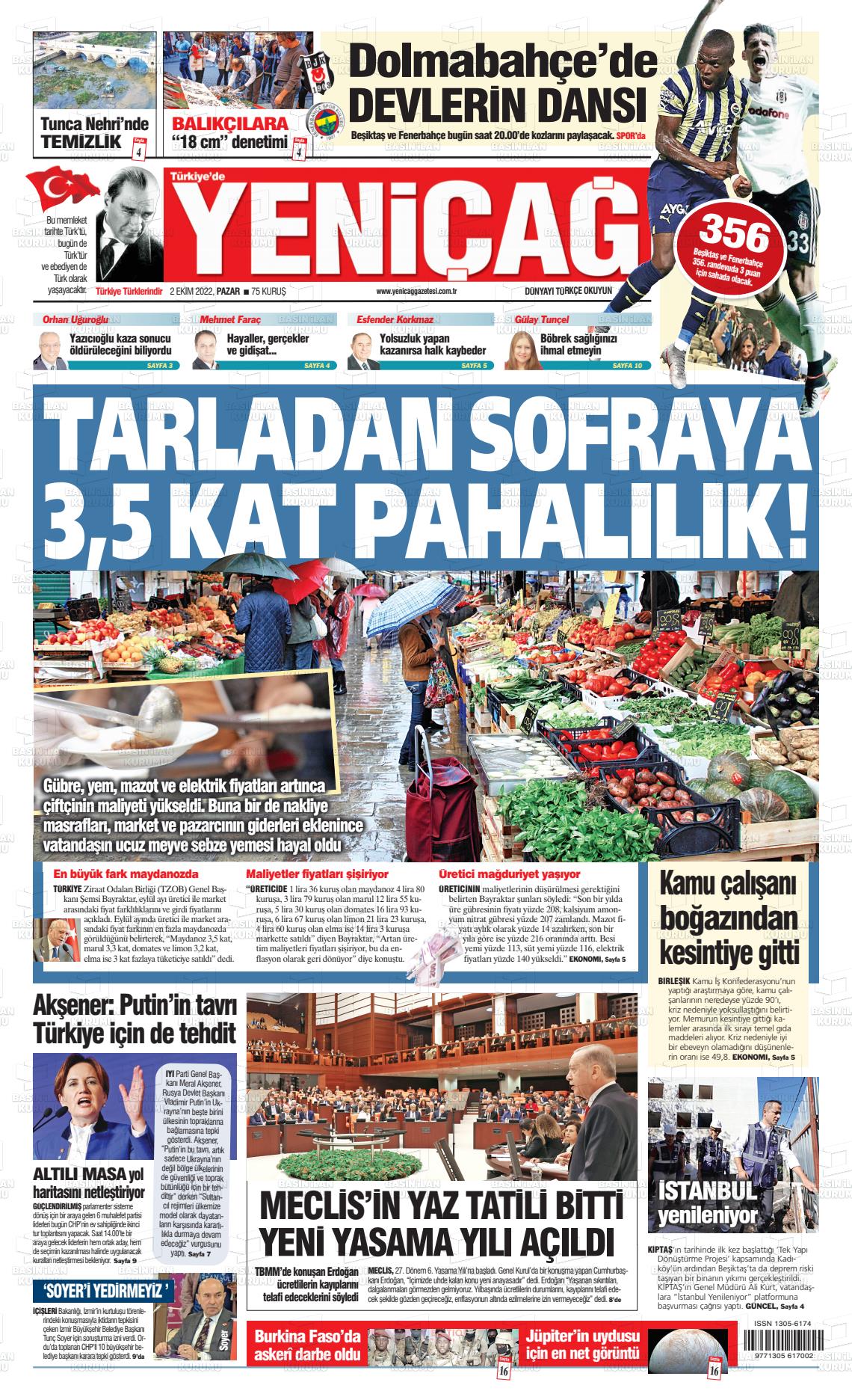 02 Ekim 2022 Yeniçağ Gazete Manşeti