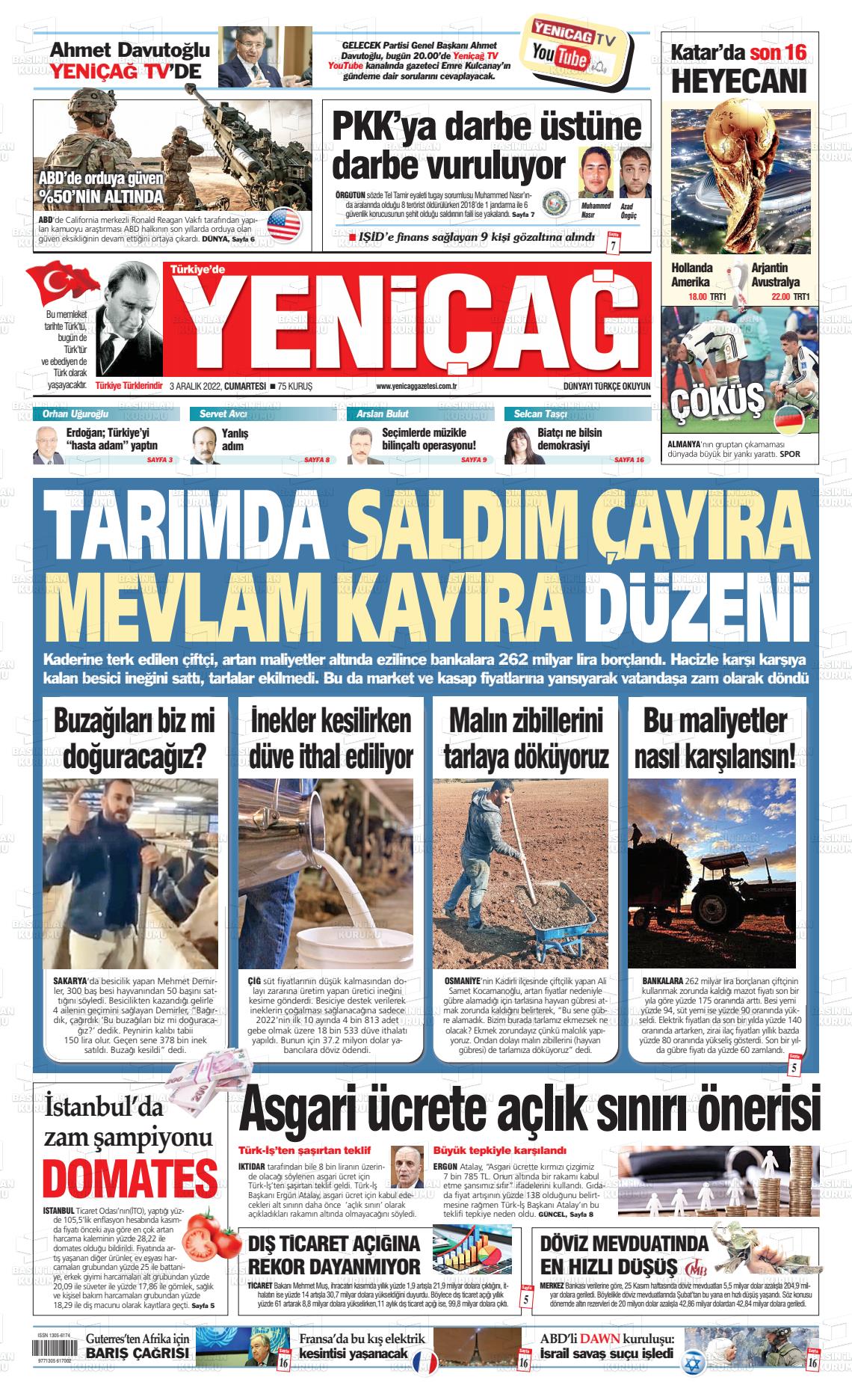 03 Aralık 2022 Yeniçağ Gazete Manşeti