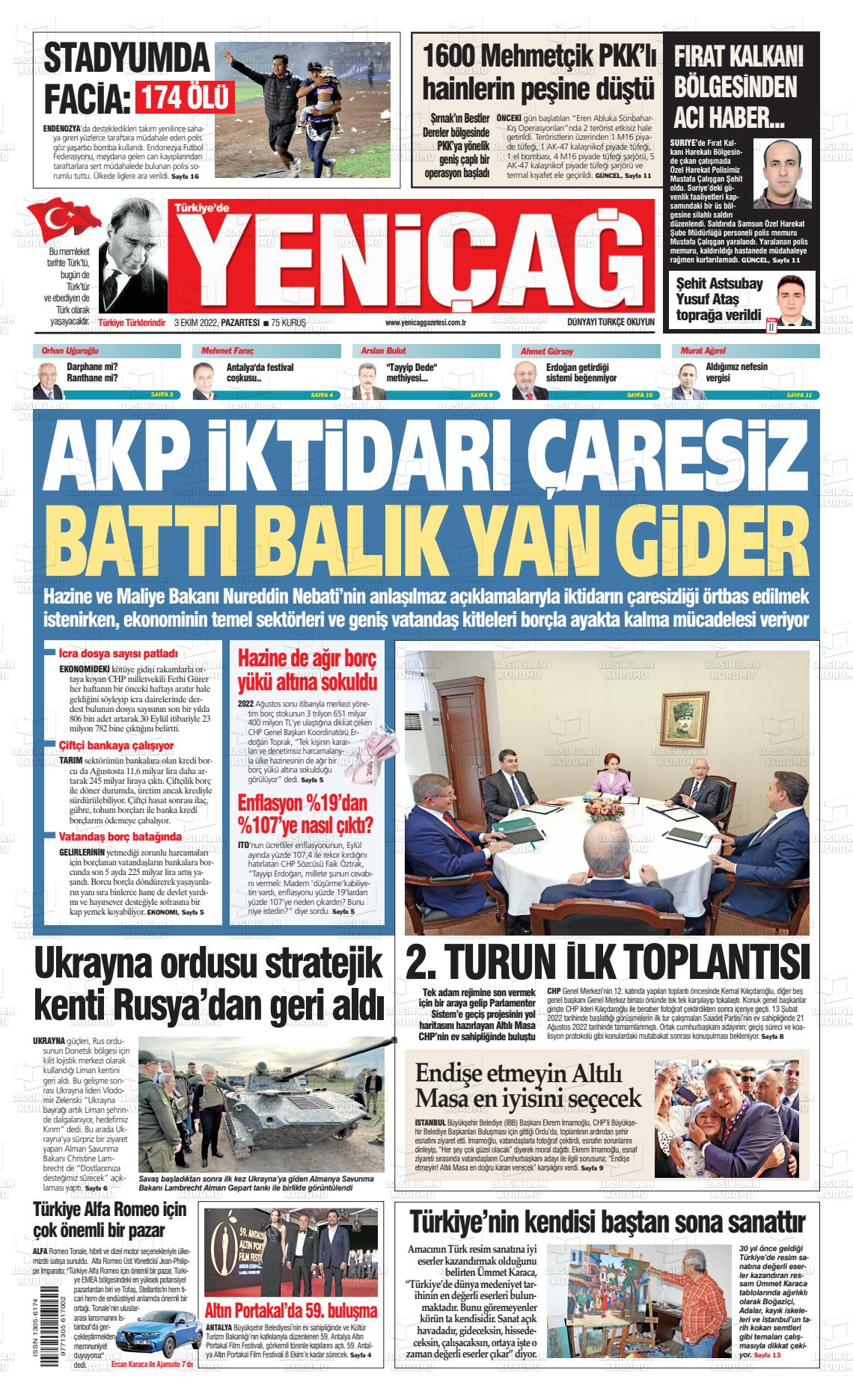 03 Ekim 2022 Yeniçağ Gazete Manşeti