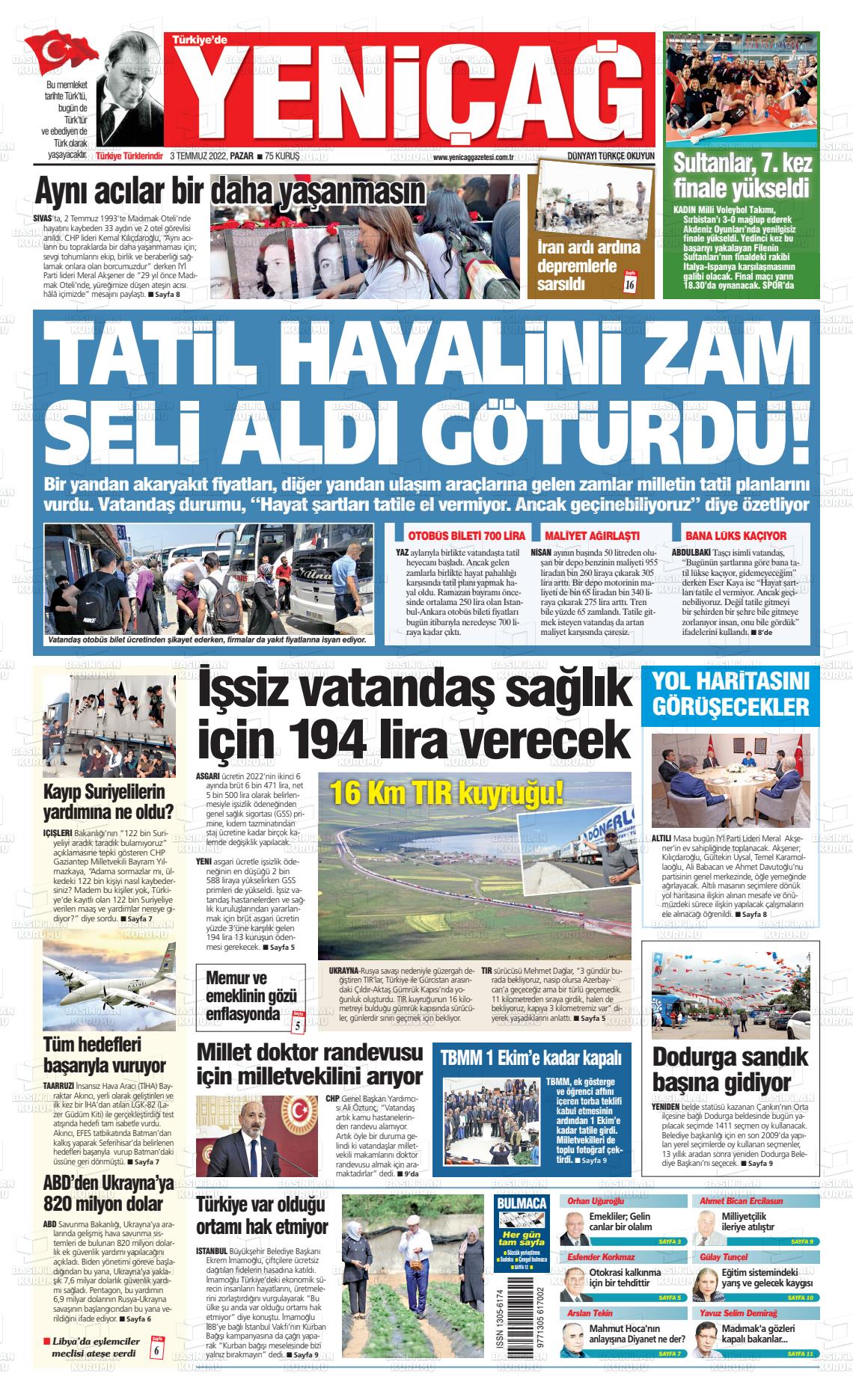 03 Temmuz 2022 Yeniçağ Gazete Manşeti