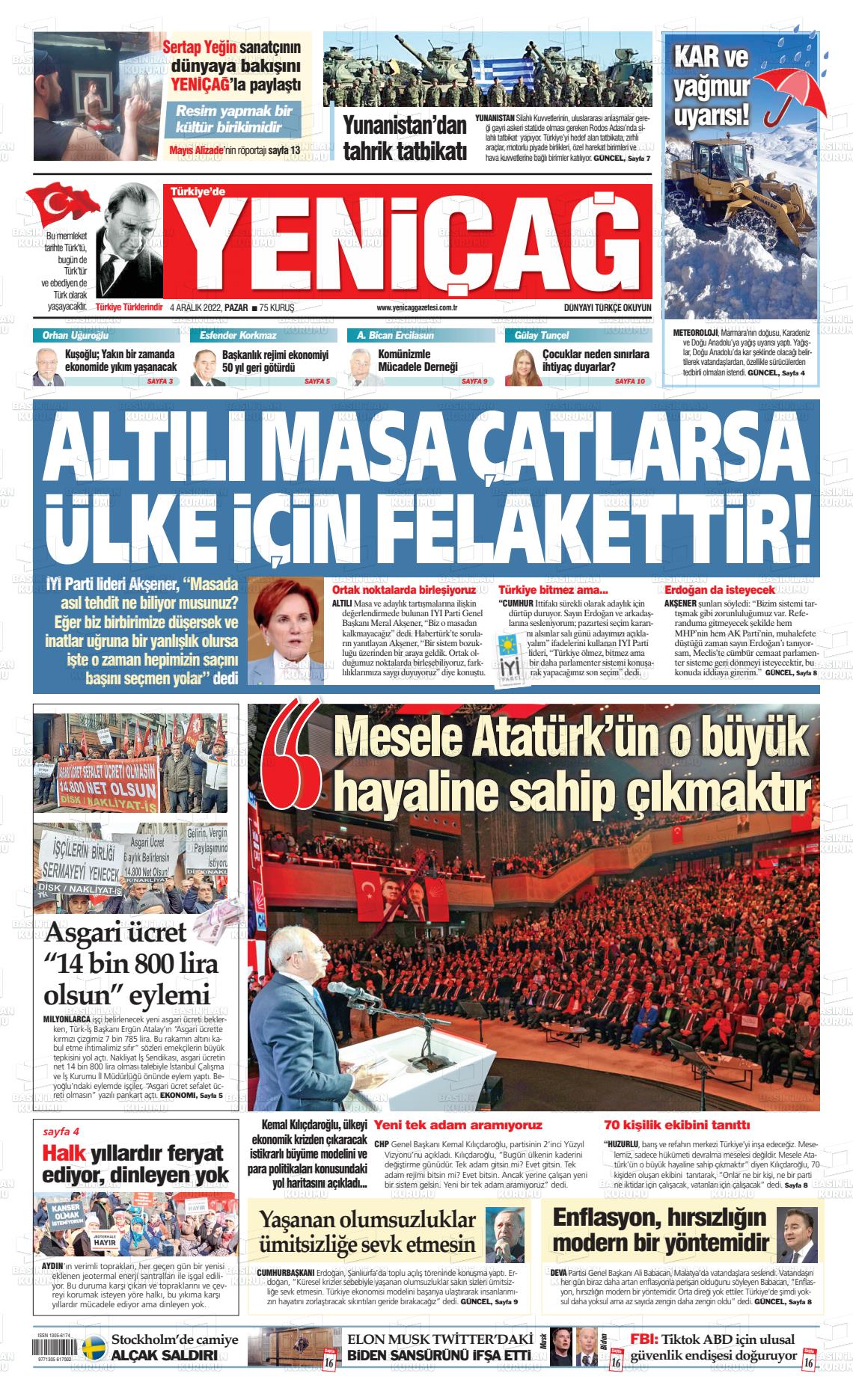 04 Aralık 2022 Yeniçağ Gazete Manşeti