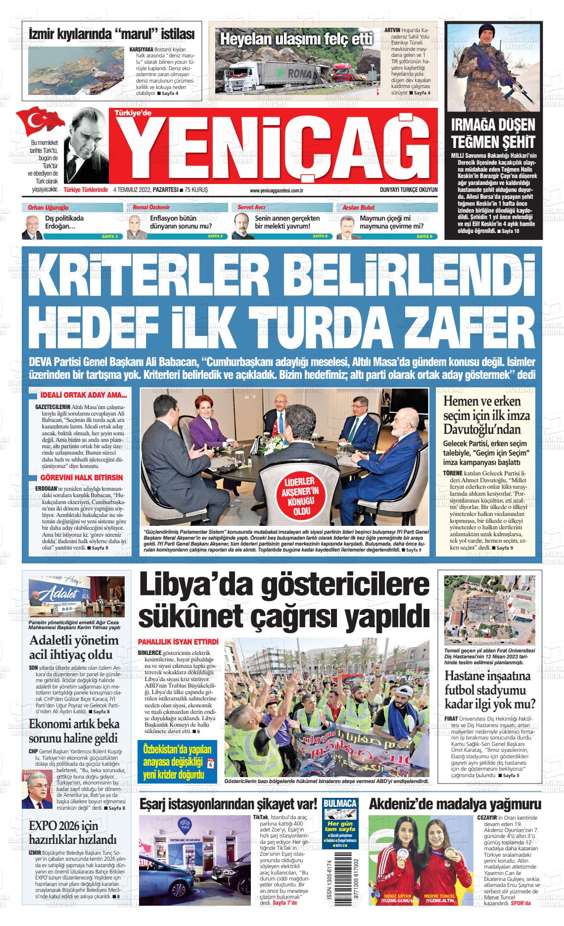04 Temmuz 2022 Yeniçağ Gazete Manşeti