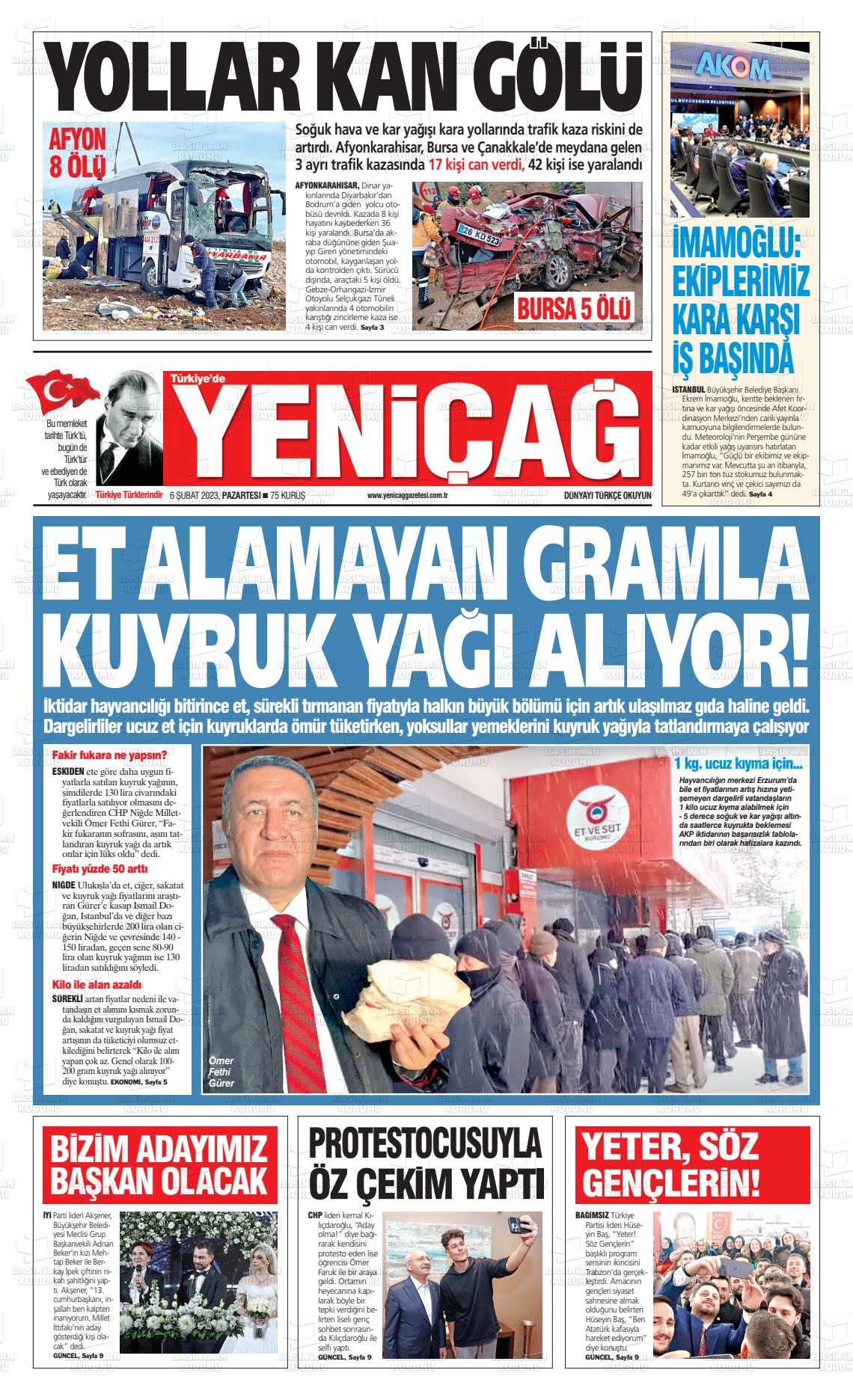06 Şubat 2023 Yeniçağ Gazete Manşeti