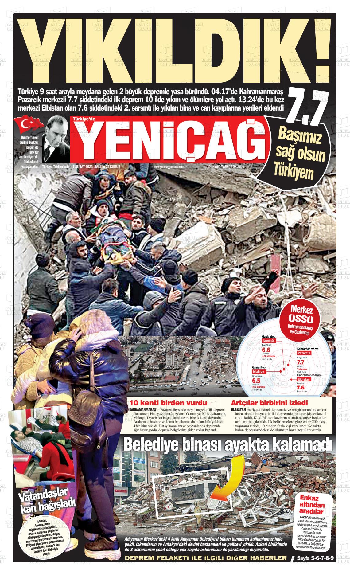 07 Şubat 2023 Yeniçağ Gazete Manşeti