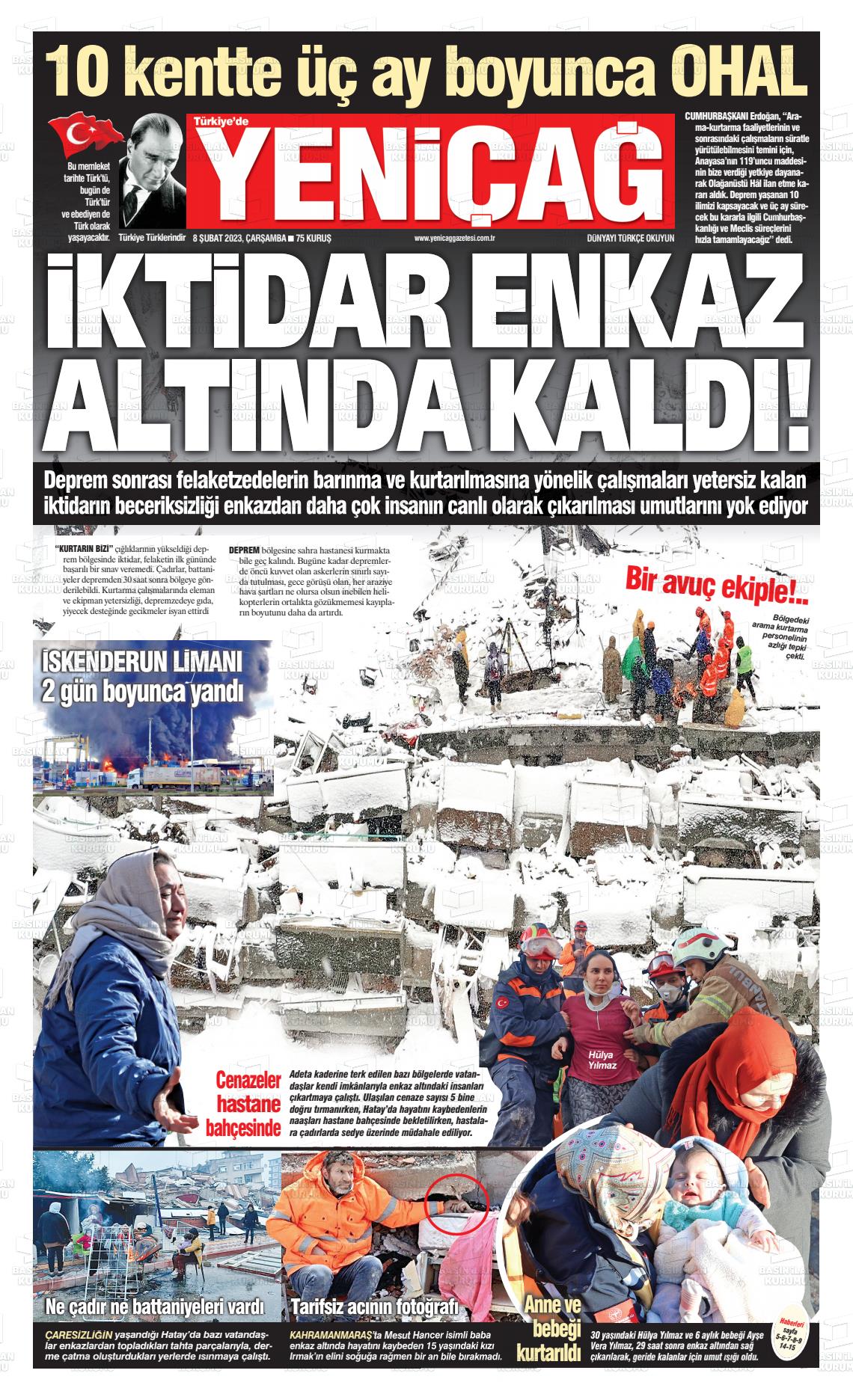 08 Şubat 2023 Yeniçağ Gazete Manşeti