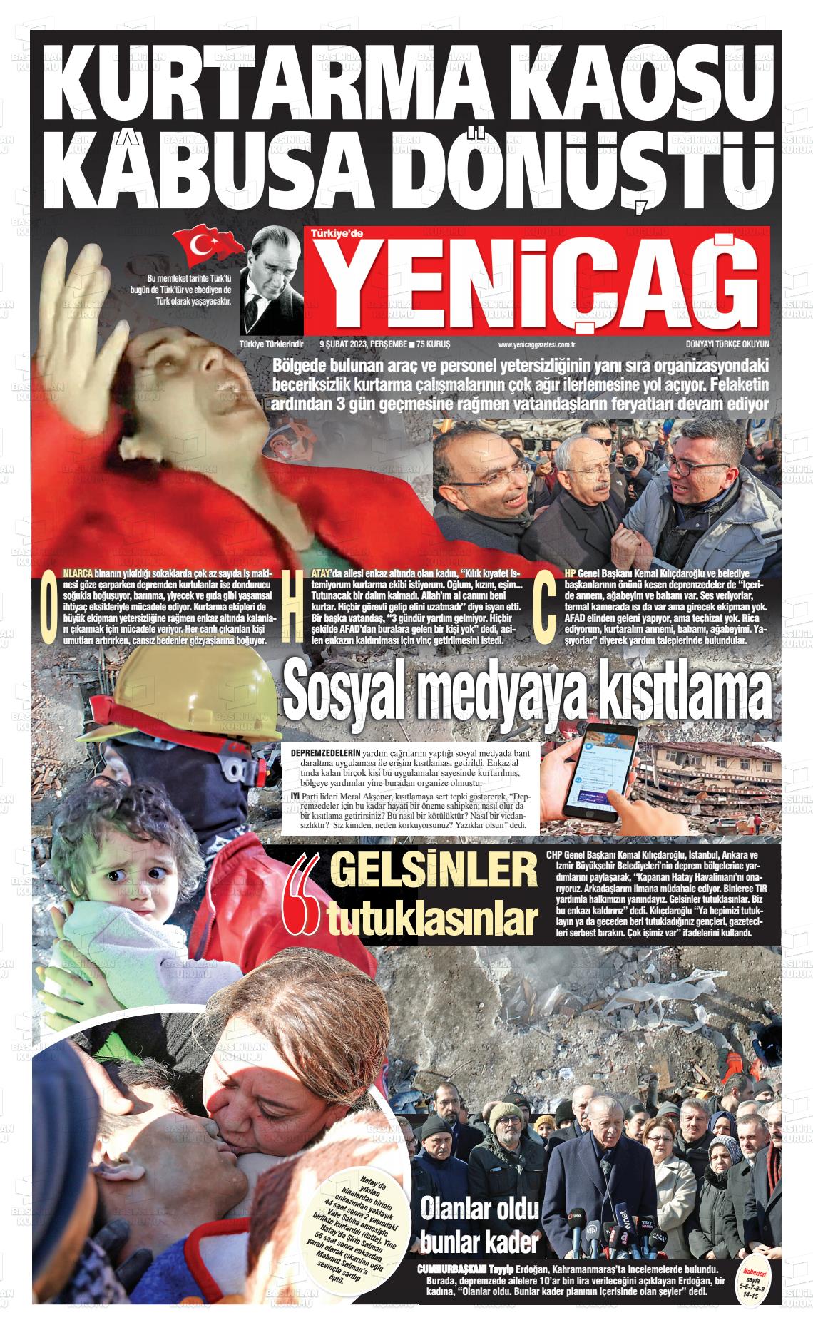 09 Şubat 2023 Yeniçağ Gazete Manşeti