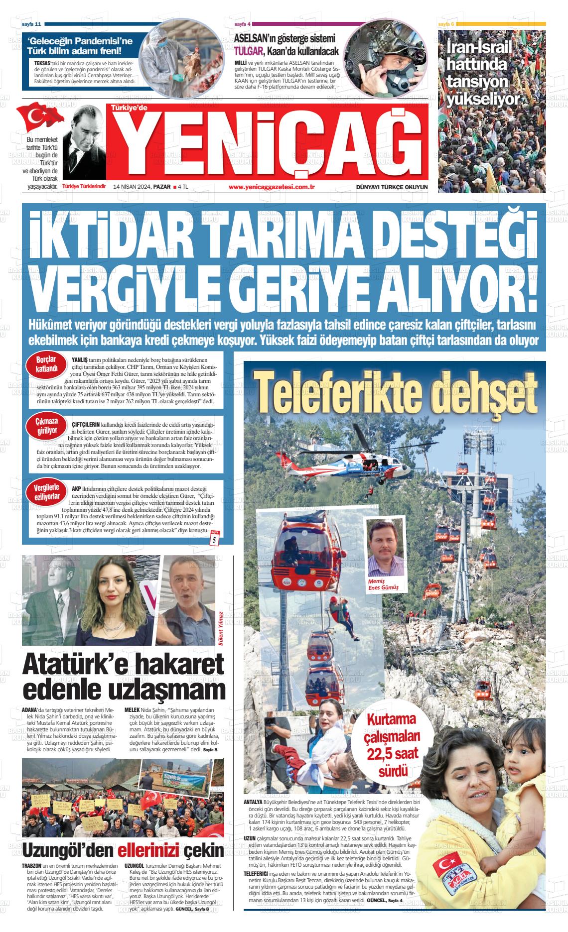 14 Nisan 2024 Yeniçağ Gazete Manşeti