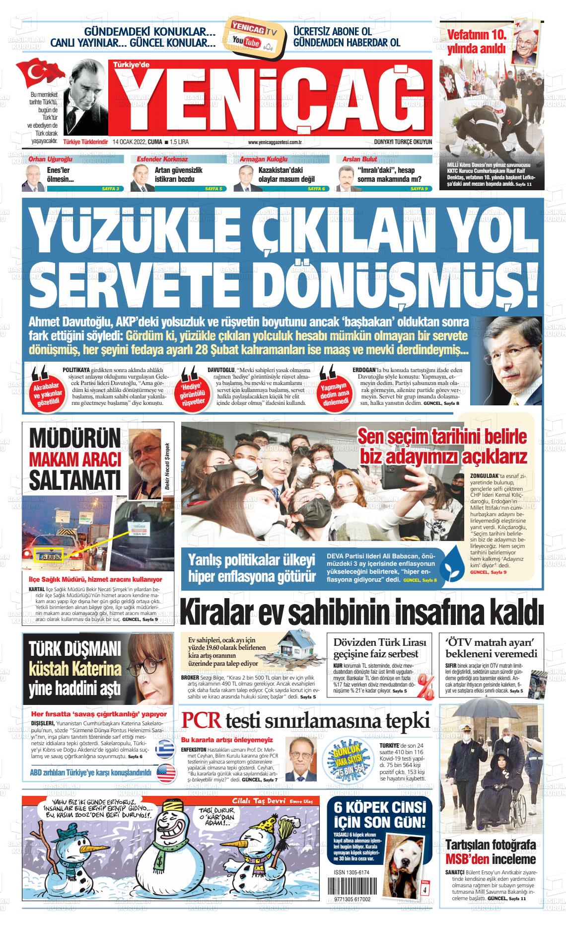 14 Ocak 2022 Yeniçağ Gazete Manşeti