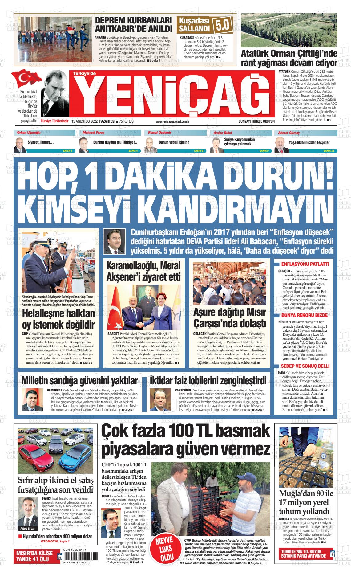 15 Ağustos 2022 Yeniçağ Gazete Manşeti