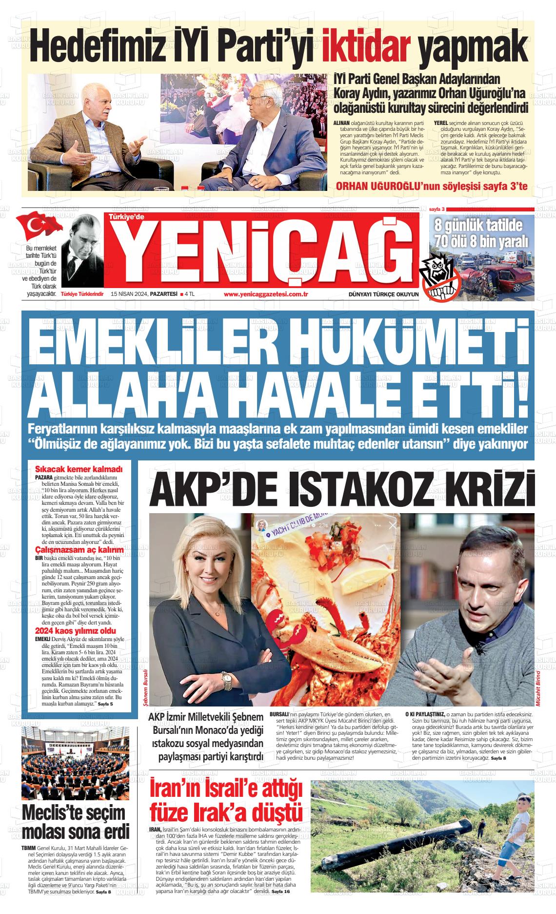 15 Nisan 2024 Yeniçağ Gazete Manşeti