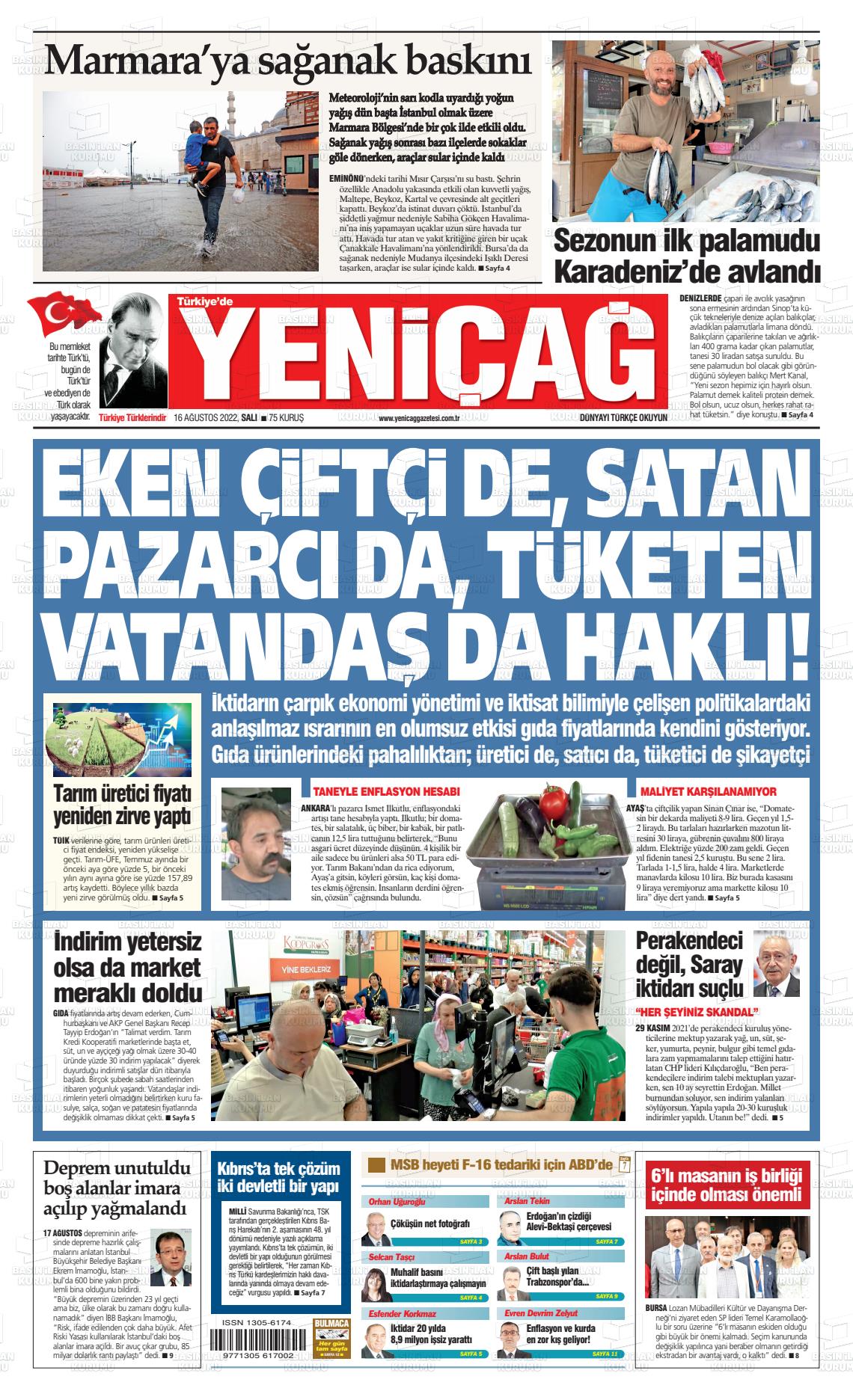 16 Ağustos 2022 Yeniçağ Gazete Manşeti
