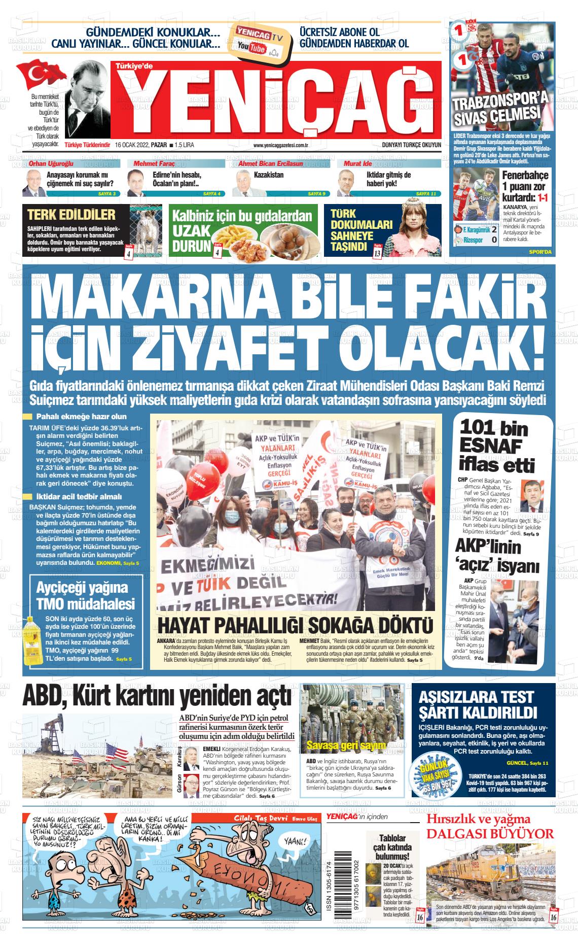 16 Ocak 2022 Yeniçağ Gazete Manşeti