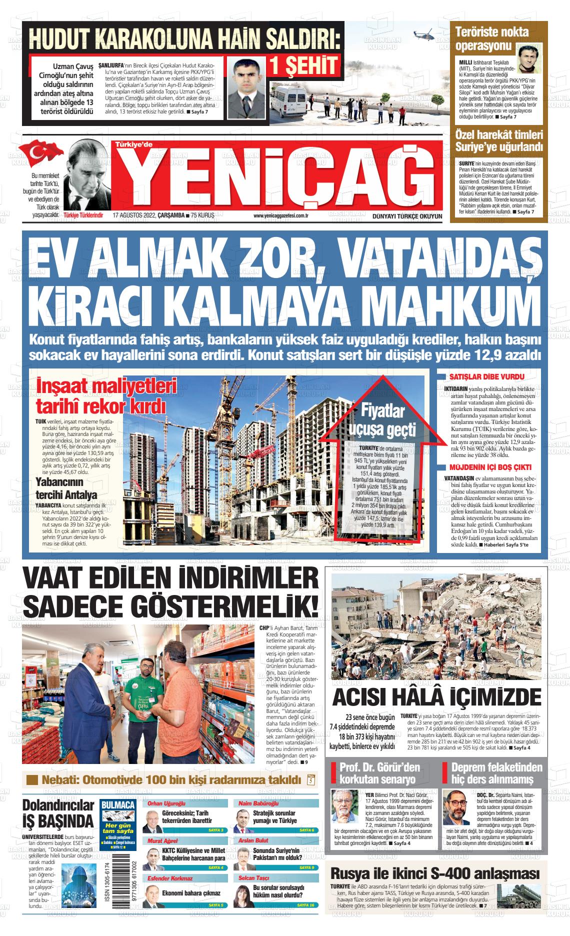 17 Ağustos 2022 Yeniçağ Gazete Manşeti