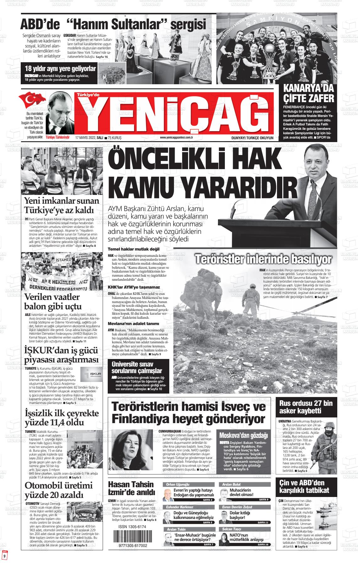 17 Mayıs 2022 Yeniçağ Gazete Manşeti