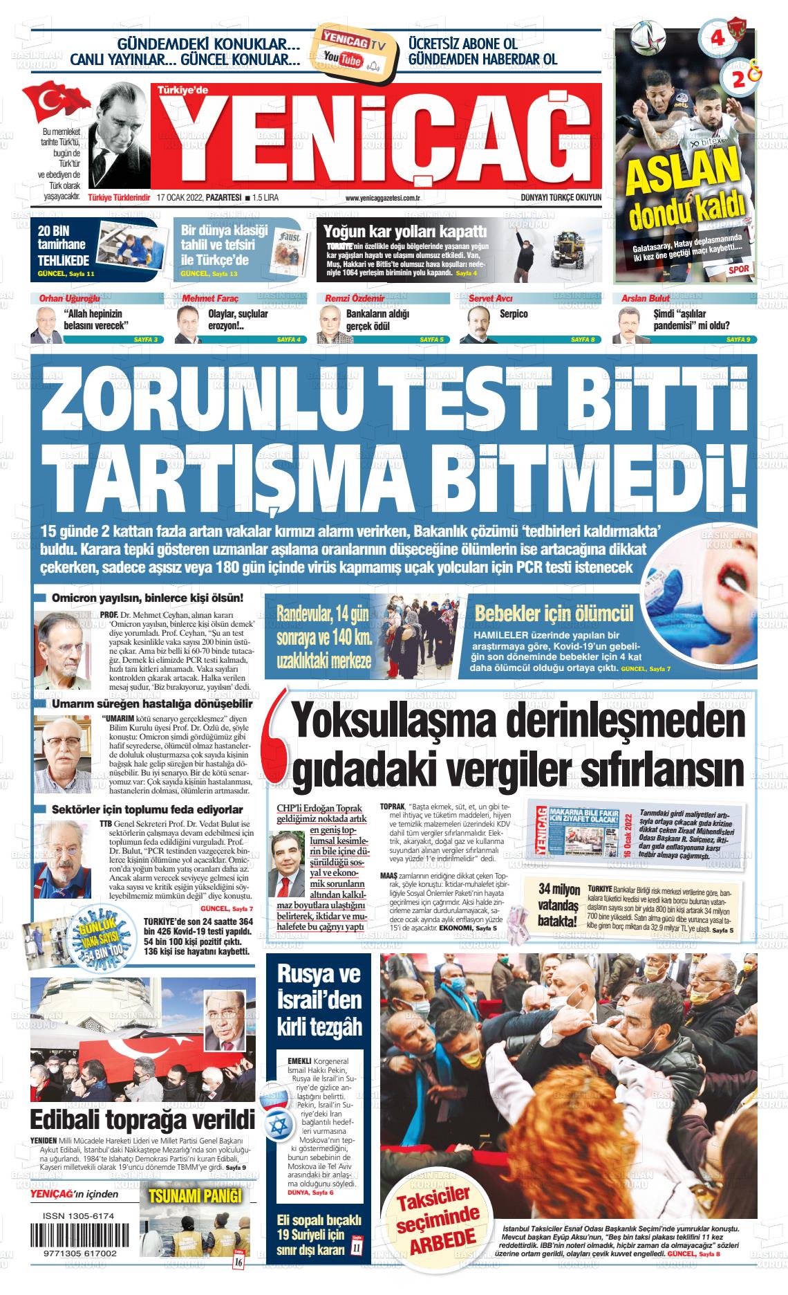 17 Ocak 2022 Yeniçağ Gazete Manşeti
