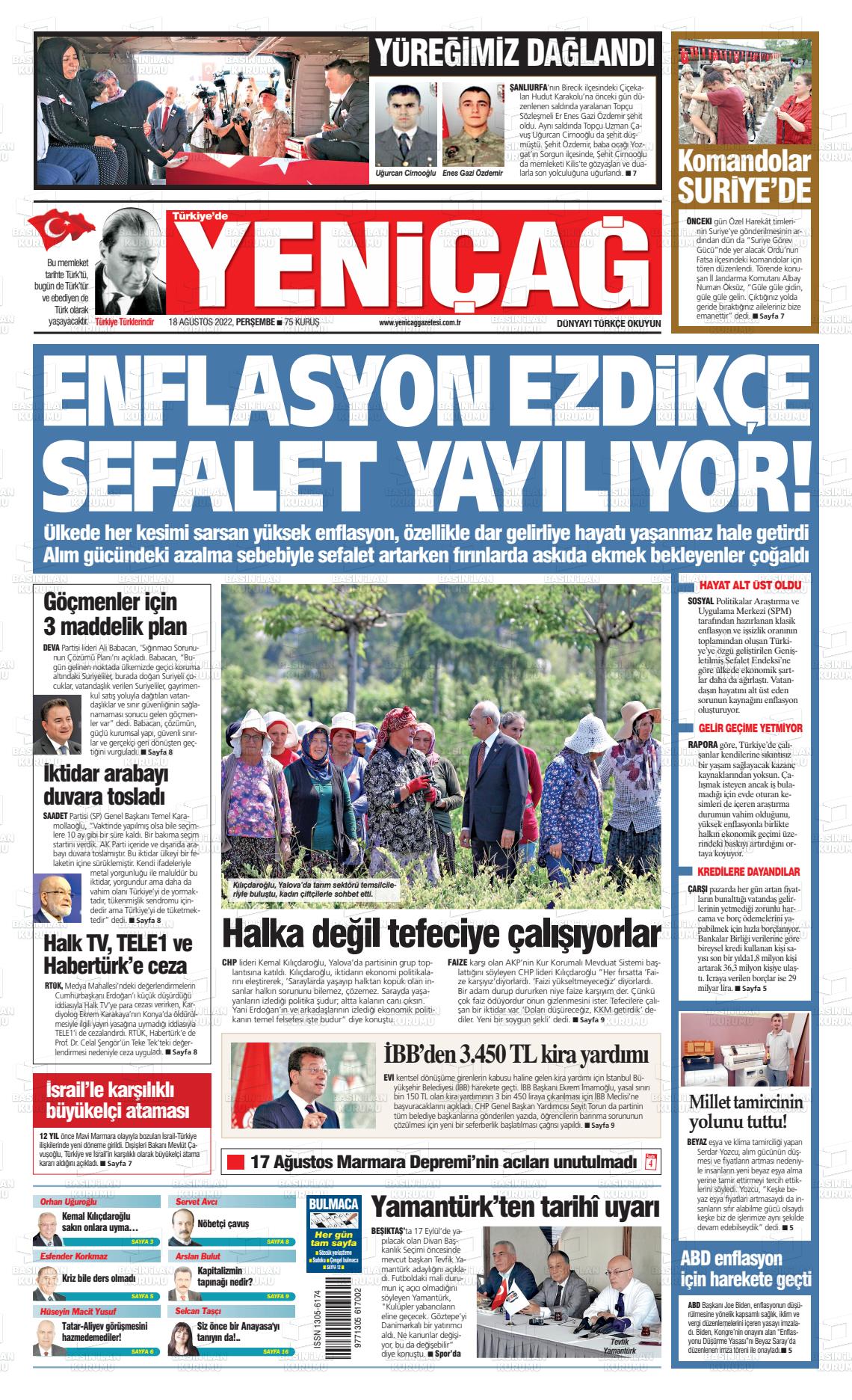 18 Ağustos 2022 Yeniçağ Gazete Manşeti