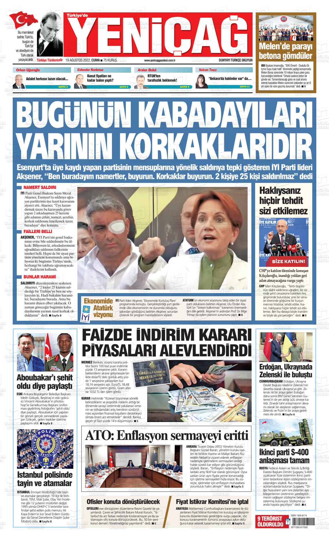 19 Ağustos 2022 Yeniçağ Gazete Manşeti