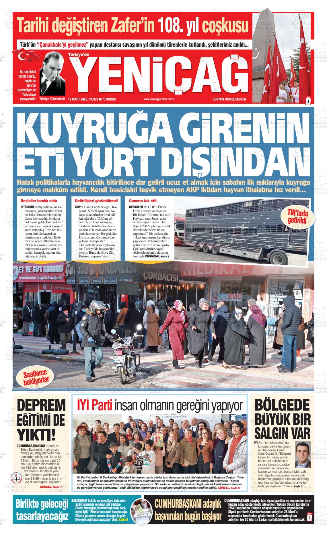 19 Mart 2023 Yeniçağ Gazete Manşeti