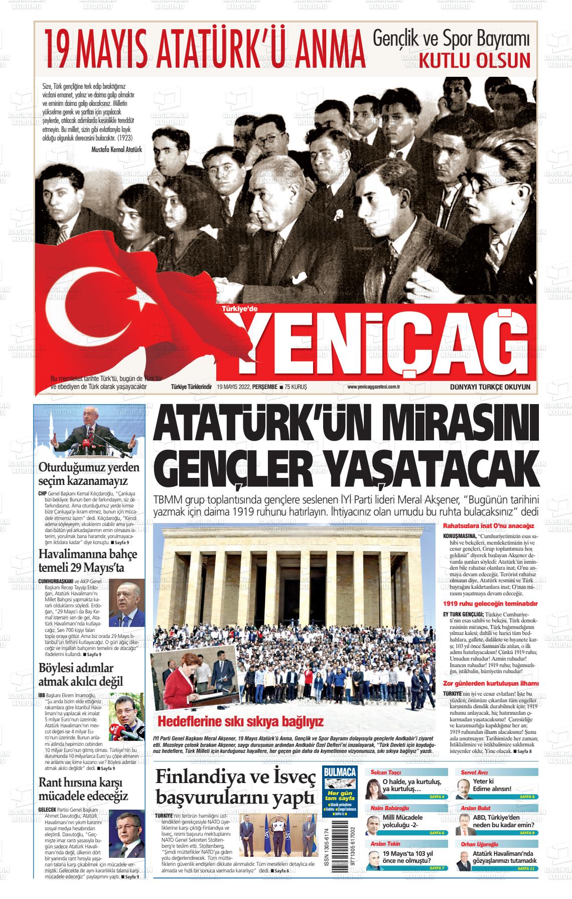 19 Mayıs 2022 Yeniçağ Gazete Manşeti