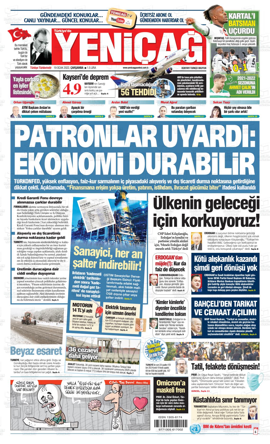 19 Ocak 2022 Yeniçağ Gazete Manşeti