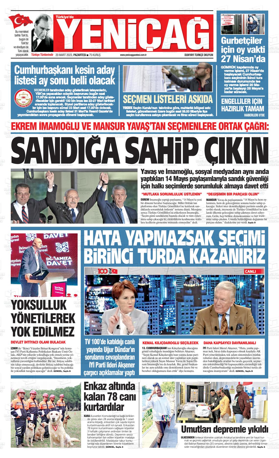 20 Mart 2023 Yeniçağ Gazete Manşeti