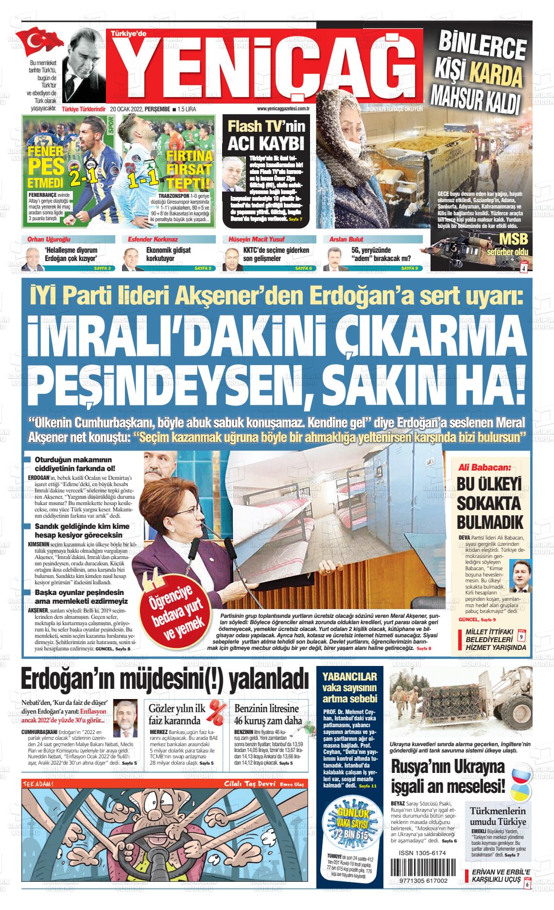 20 Ocak 2022 Yeniçağ Gazete Manşeti