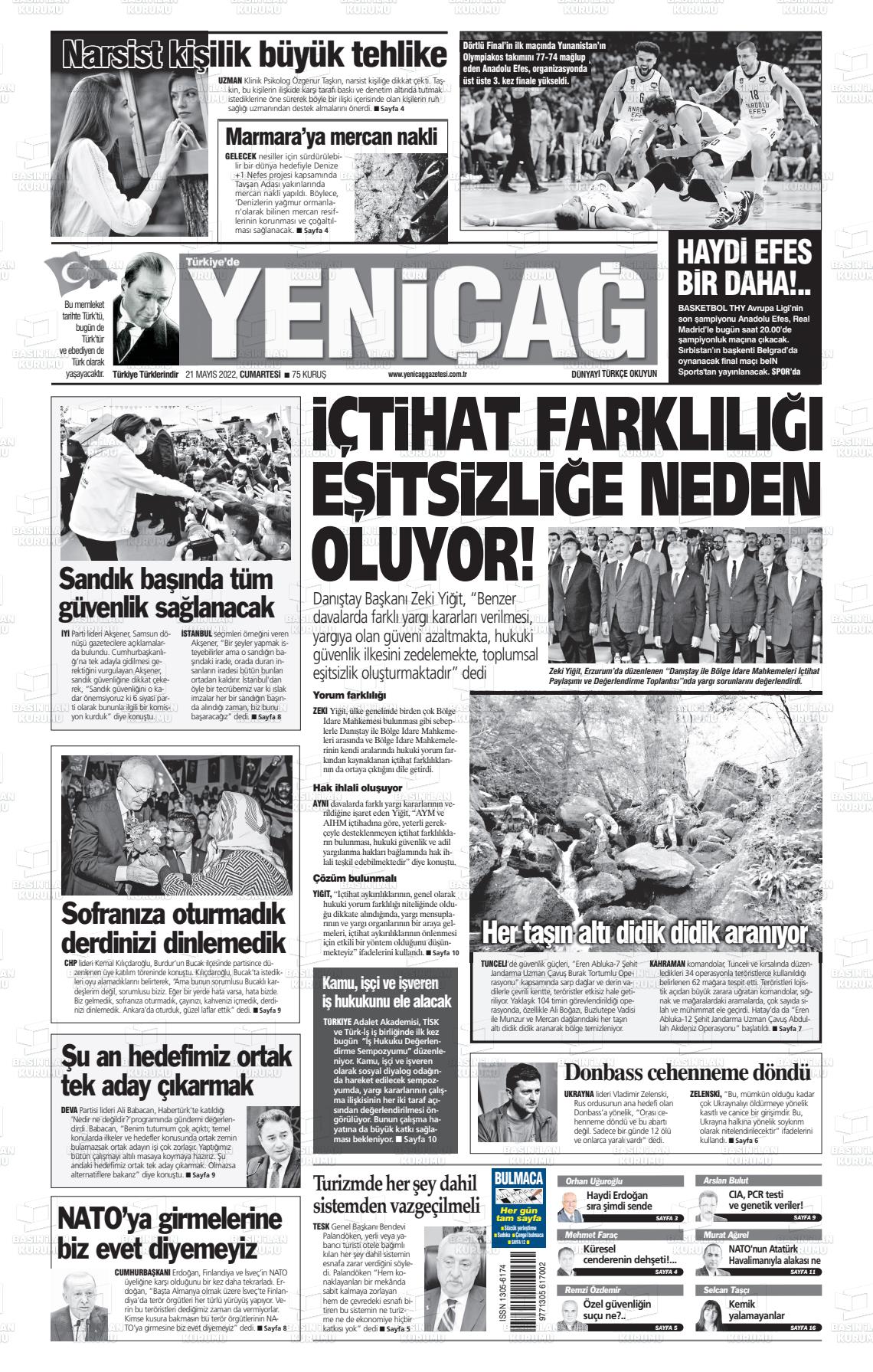 21 Mayıs 2022 Yeniçağ Gazete Manşeti