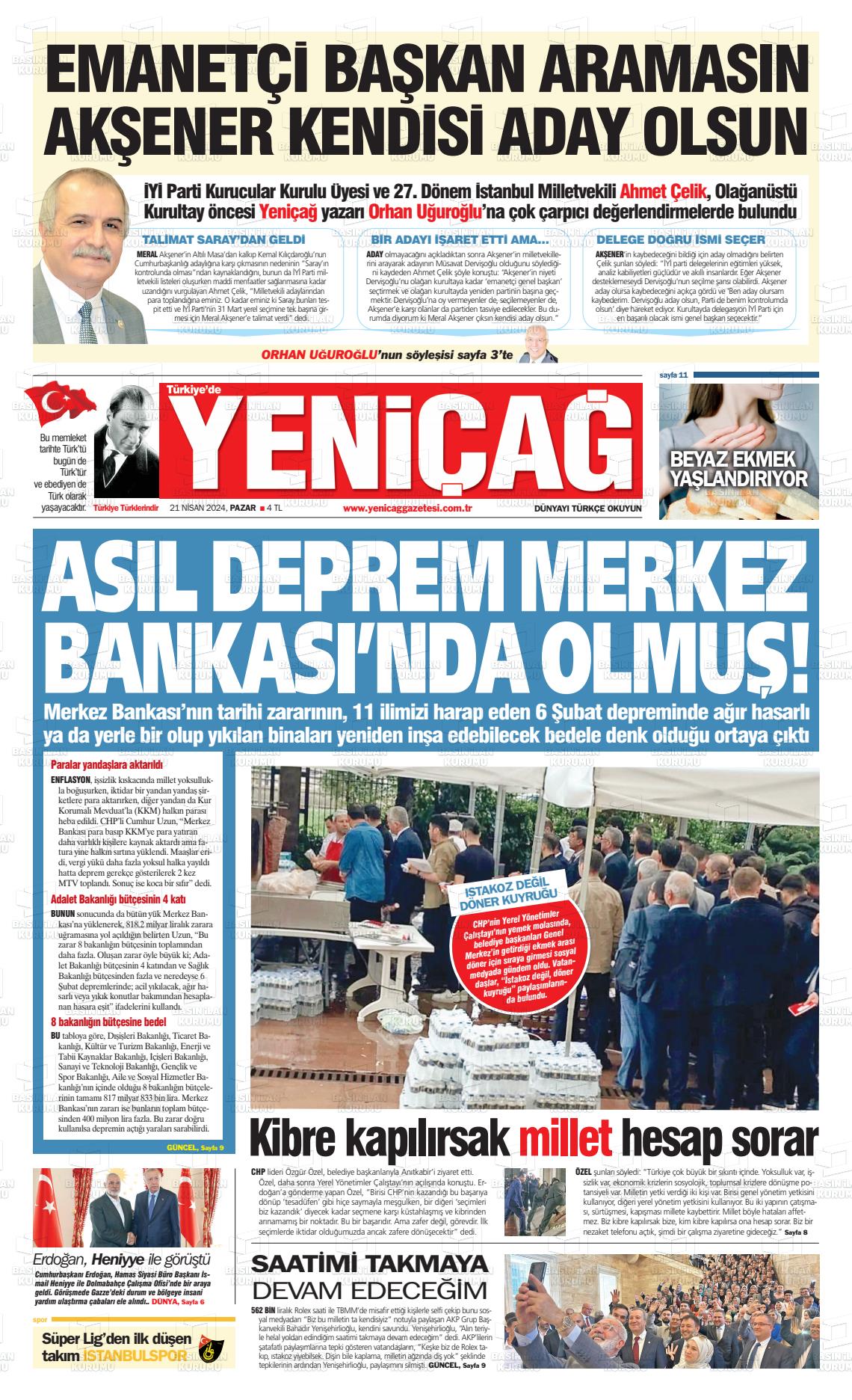 21 Nisan 2024 Yeniçağ Gazete Manşeti