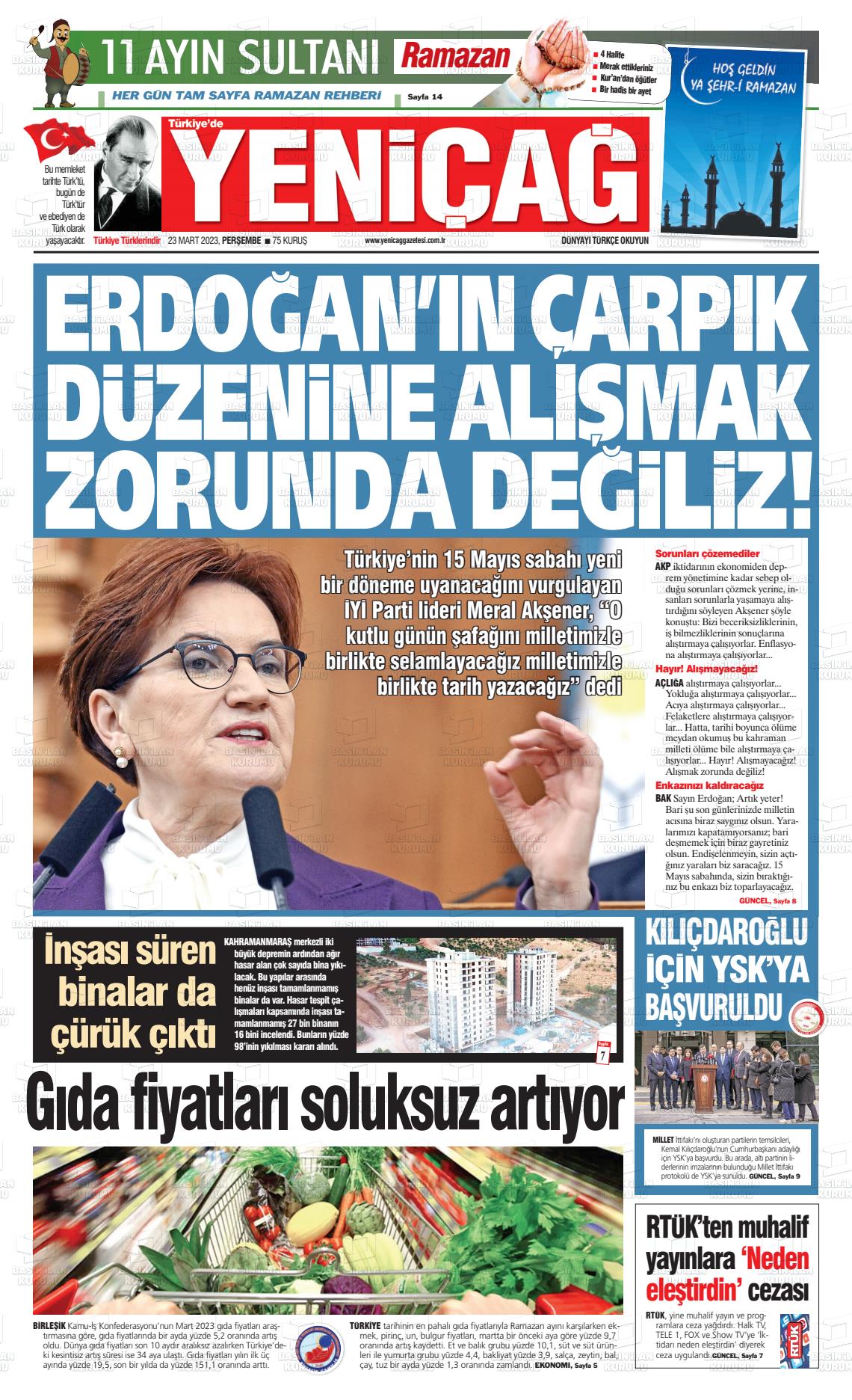 23 Mart 2023 Yeniçağ Gazete Manşeti