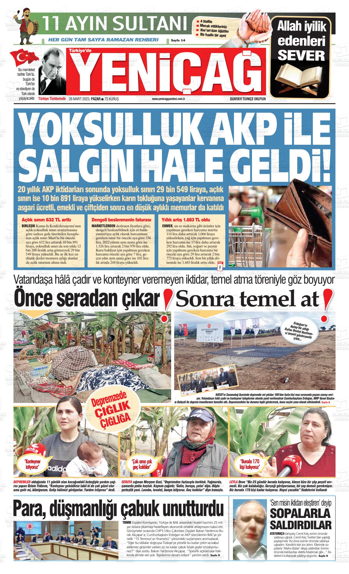 26 Mart 2023 Yeniçağ Gazete Manşeti