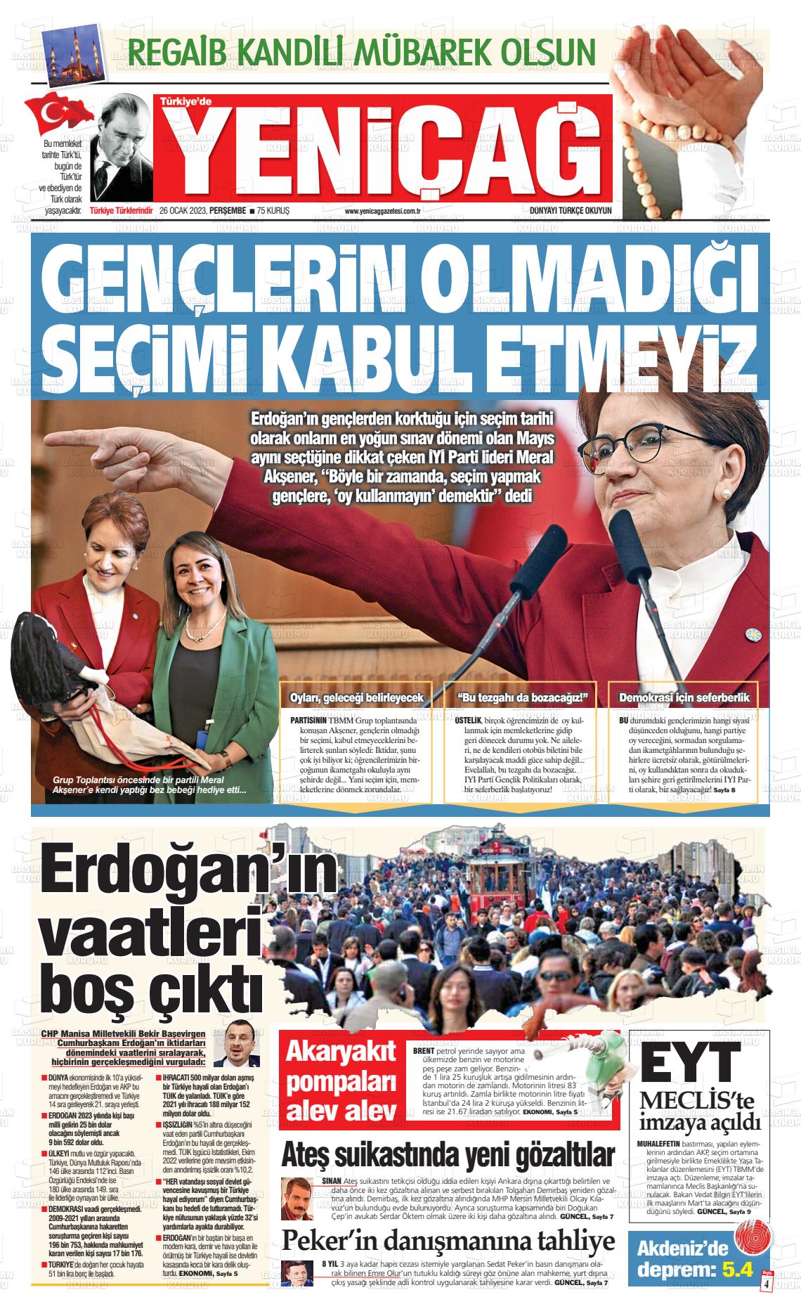 26 Ocak 2023 Yeniçağ Gazete Manşeti