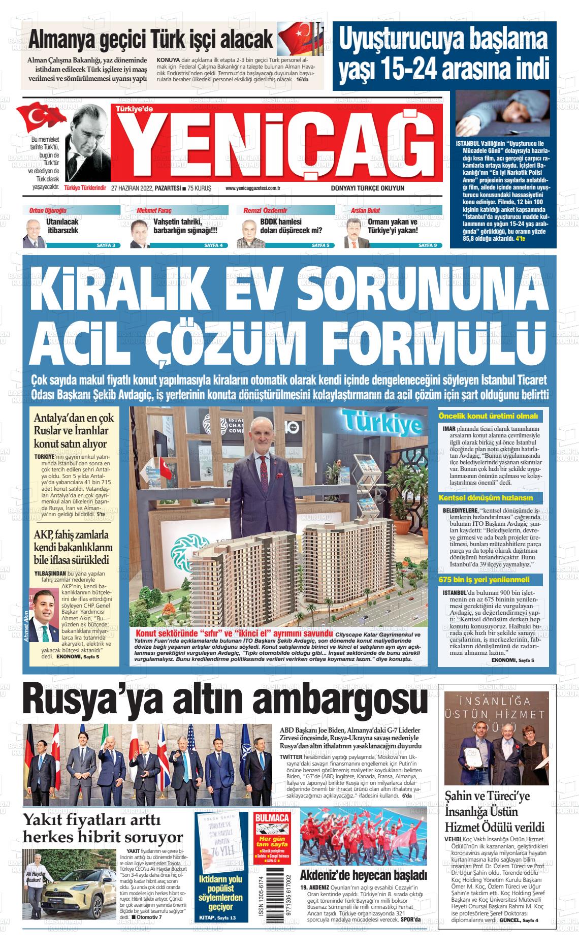 27 Haziran 2022 Yeniçağ Gazete Manşeti